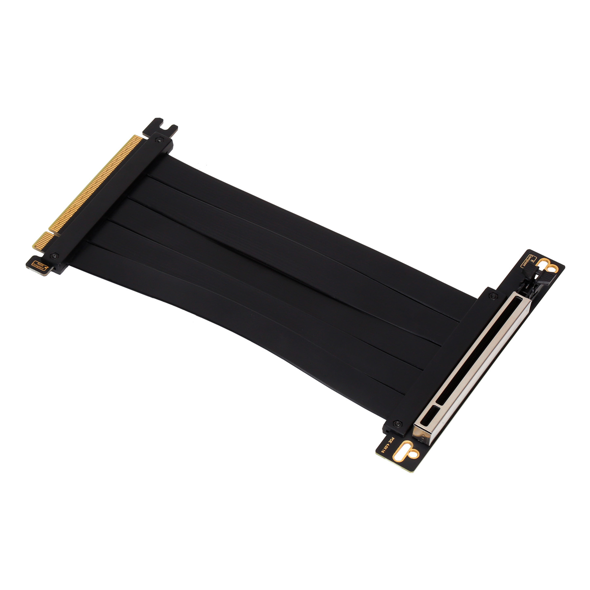 Un cable elevador PCI-e negro sobre un fondo blanco. Tiene conectores dorados y una ranura plateada. El cable es plano y flexible.
