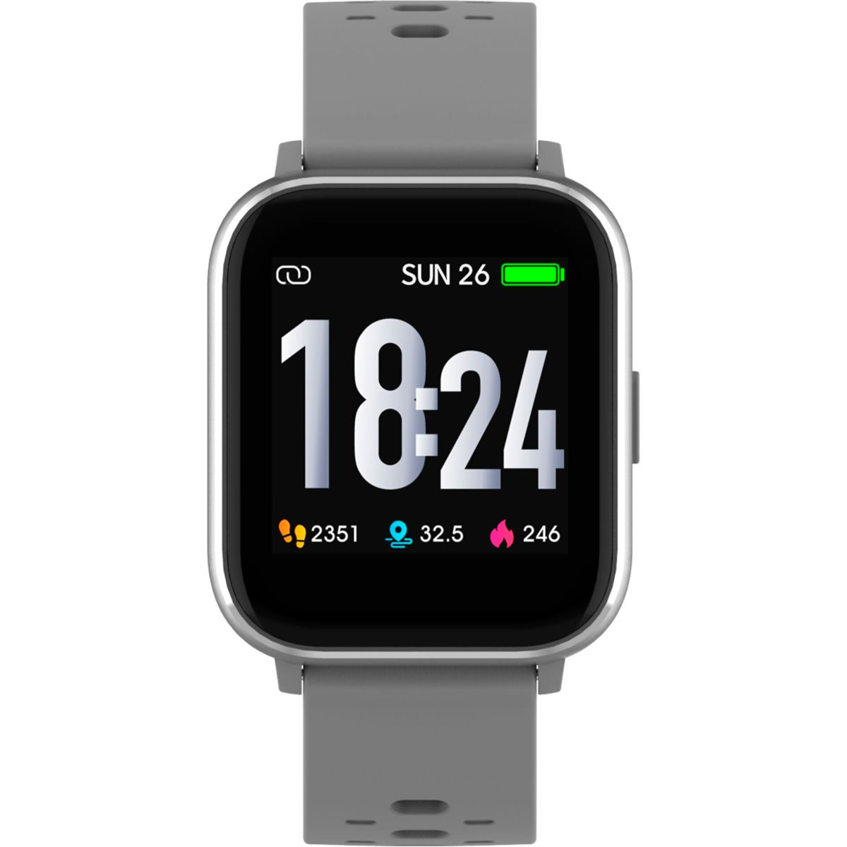 Uno smartwatch grigio mostra l'ora 18:24. Mostra data, livello batteria, passi, frequenza cardiaca e temperatura.