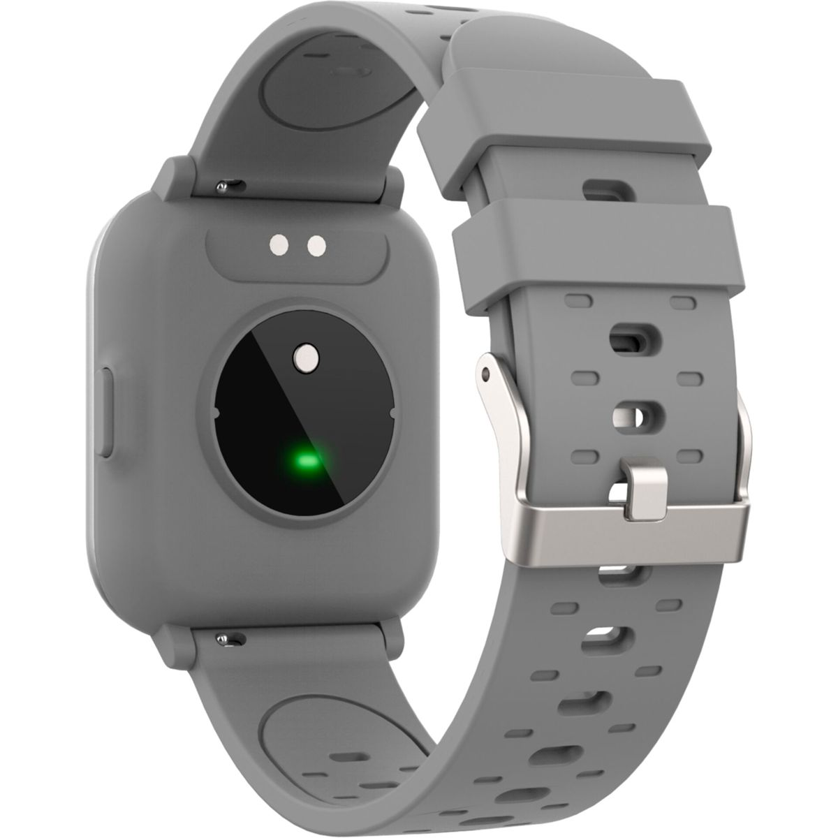 Uno smartwatch grigio con quadrante quadrato e cinturino in silicone grigio. Il quadrante ha due piccoli punti e un cerchio più grande.