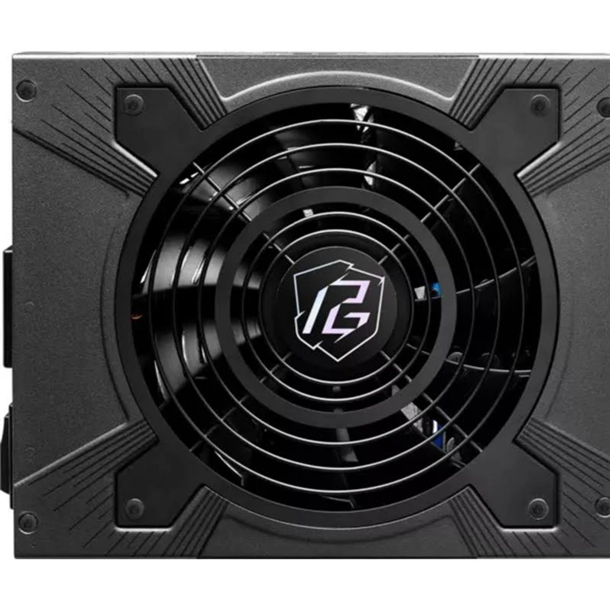 Schwarzes Computer-Netzteil. Ein Lüfter ist in der Mitte mit einem Logo sichtbar. Das Gehäuse ist grau mit Schrauben.