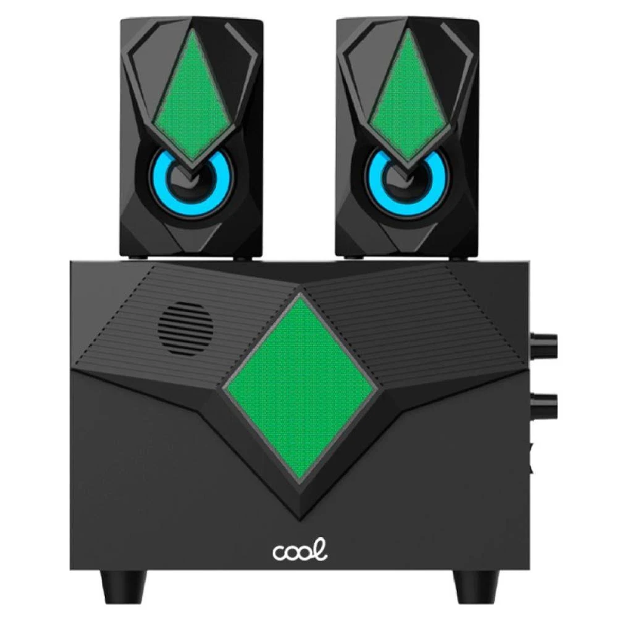 Altavoces de ordenador negros con detalles verdes y azules. Incluye dos altavoces satélite y un subwoofer con la palabra 'cool'.