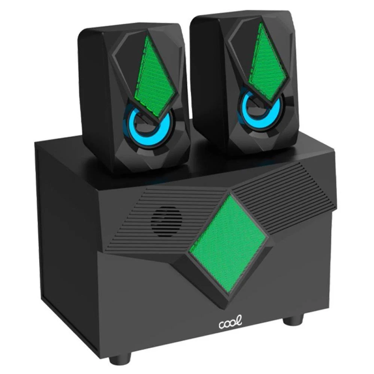 Conjunto de altavoces negros con detalles verdes y azules. Dos altavoces sobre un subwoofer. La palabra 'cool' está al frente.