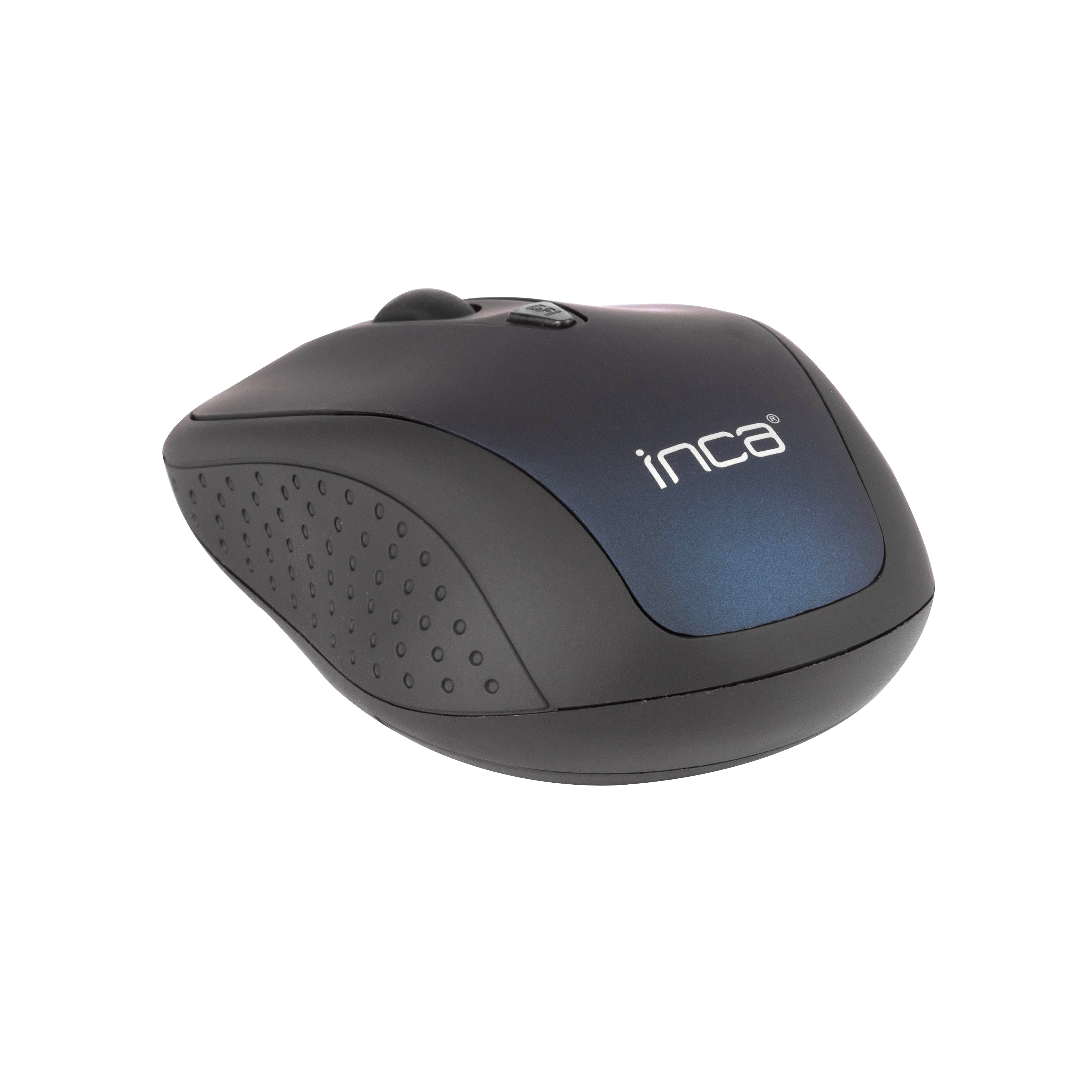 Eine schwarze Computermaus mit blauen Akzenten. Die Marke 'inca' ist sichtbar. Es liegt auf weißem Grund.