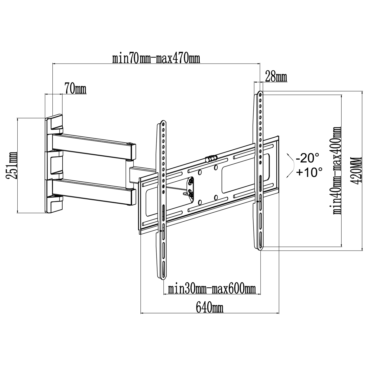 Diagramm einer TV-Wandhalterung mit Millimeterangaben, das Abmessungen und Winkel für die Installation angibt.