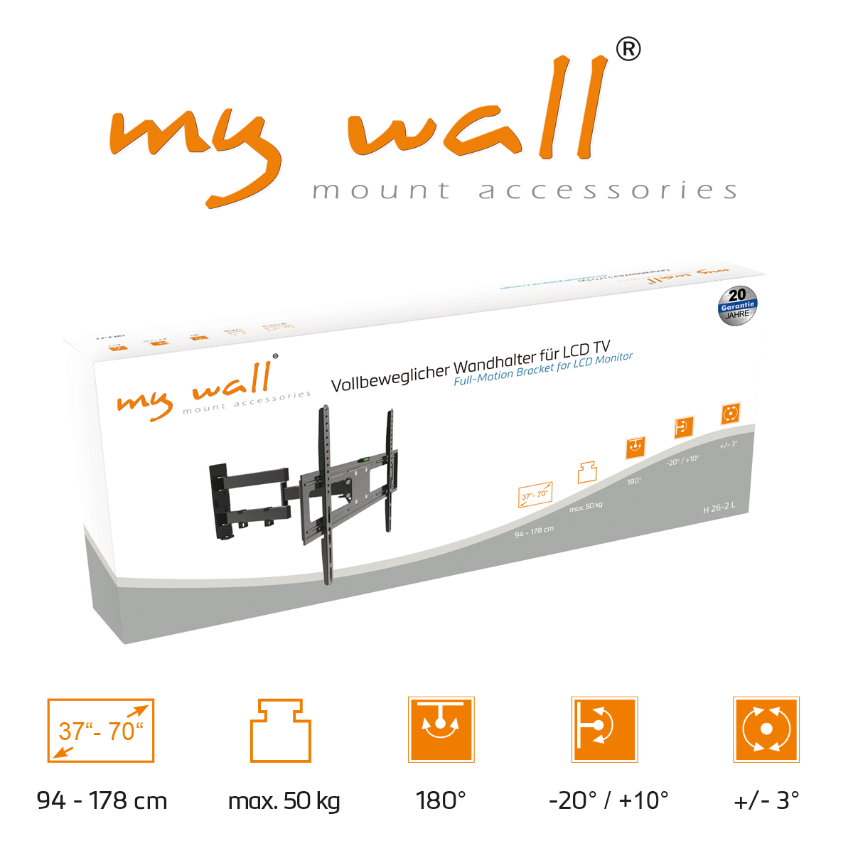 Eine weiße Schachtel mit einer TV-Wandhalterung. Mit dem Logo 'my wall'. Spezifikationen: 37-70", max. 50 kg, 180°, -20 / +10°, +/- 3°.