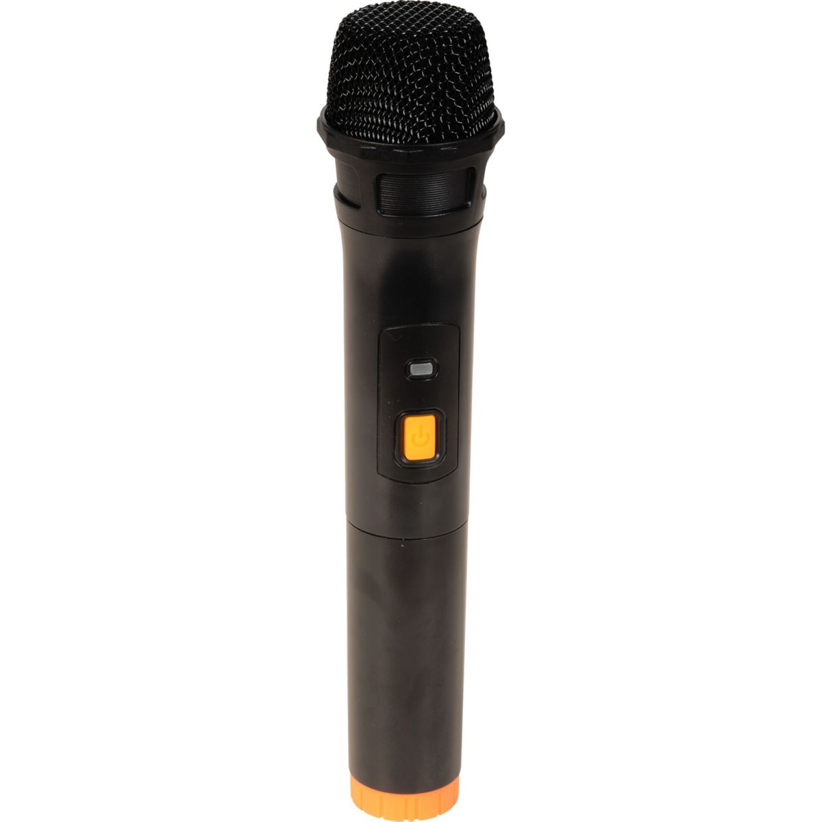 Un micrófono negro con una cabeza de malla y un botón de encendido naranja. La base también es naranja. Está sobre un fondo blanco.