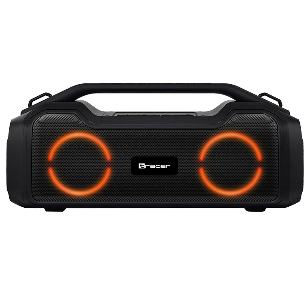 Altoparlante Tracer nero con cerchi luminosi arancioni. Con maniglia e logo Tracer.