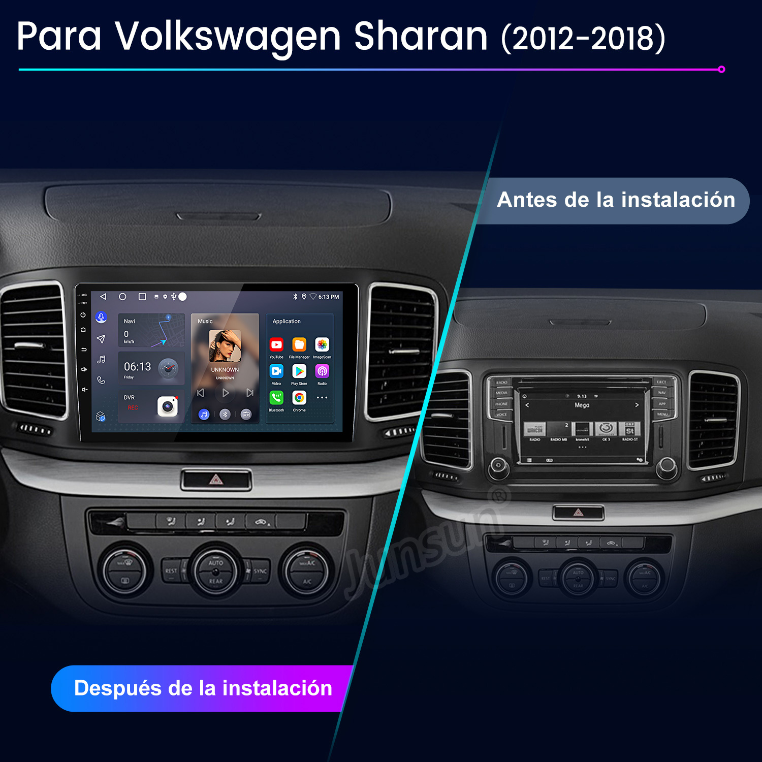 Comparación del salpicadero del coche: antes y después de la instalación de una pantalla. Muestra la navegación, la música y las opciones de aplicaciones.