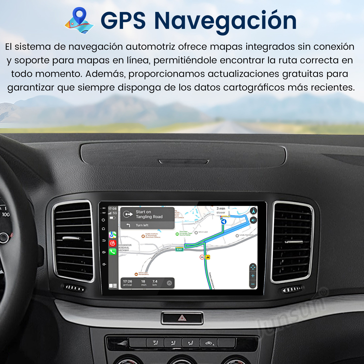 Salpicadero de coche con navegación GPS. La pantalla muestra un mapa con indicaciones y un reloj. Interior del coche visible.