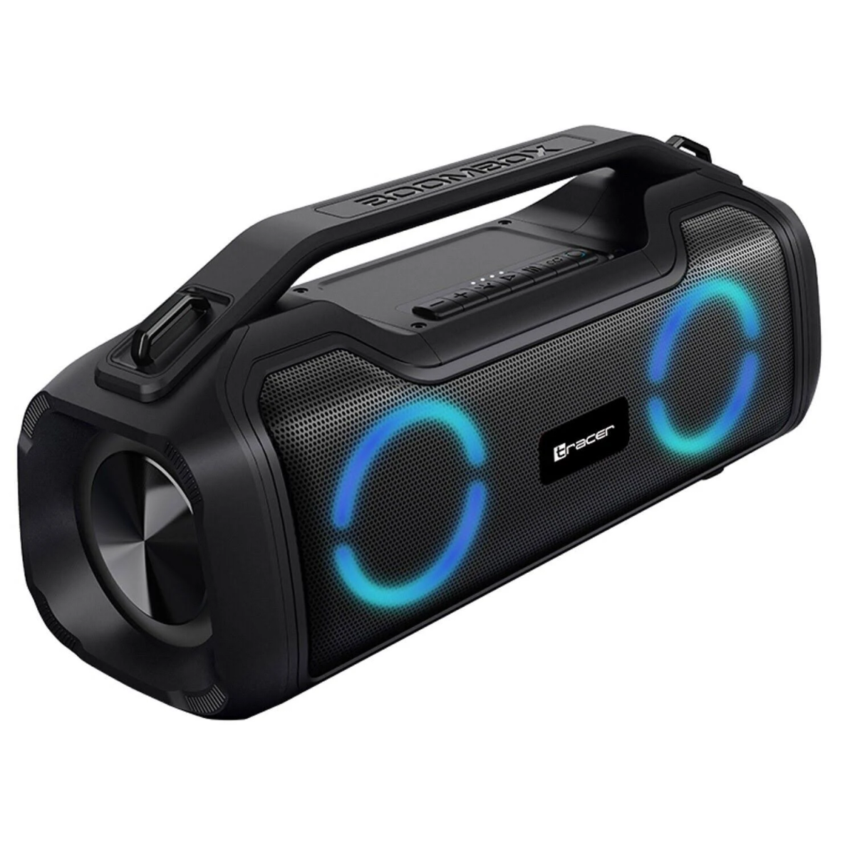 Boombox nera con maniglia. Ha due cerchi blu luminosi e la scritta BOOMBOX in alto. Il marchio è Tracer.
