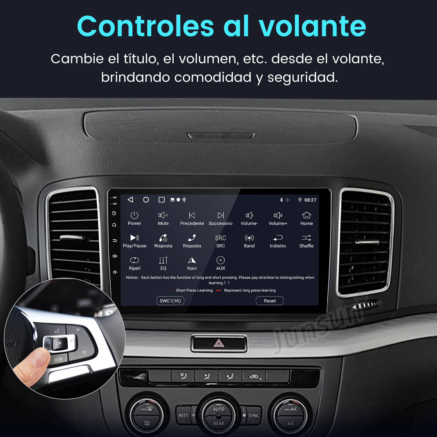 Panel del coche con pantalla mostrando controles. Mano en el volante ajustando la configuración. Texto: 'Controles al volante'.