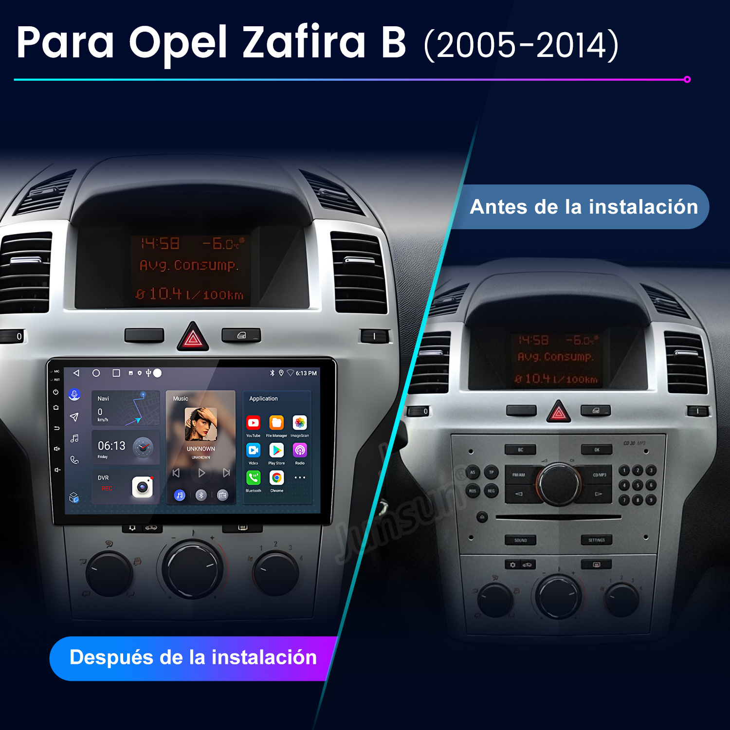 Imagen muestra el tablero de un coche antes y después de instalar un nuevo sistema multimedia. El nuevo sistema tiene pantalla táctil.