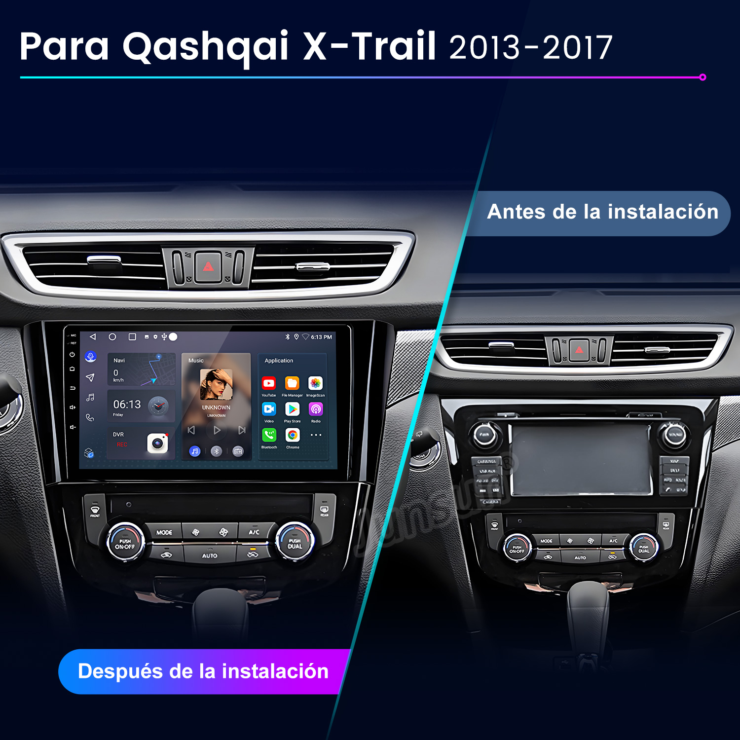 Comparación del salpicadero del coche: antes y después de la instalación. Muestra navegación, música y aplicaciones en pantalla táctil.