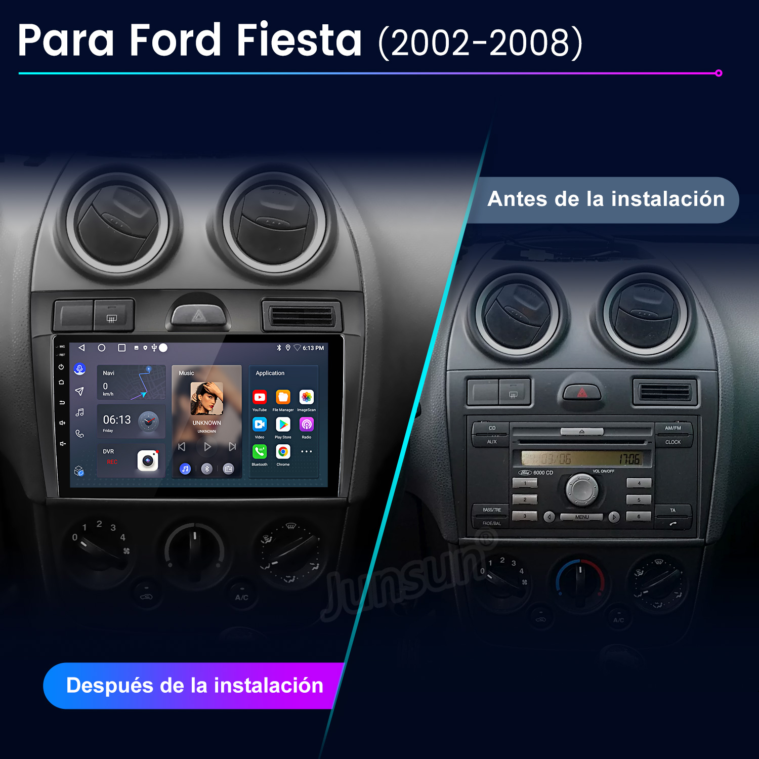 Comparación del salpicadero del coche: antes y después de la instalación de la radio. Incluye radio, rejillas de ventilación y mandos.