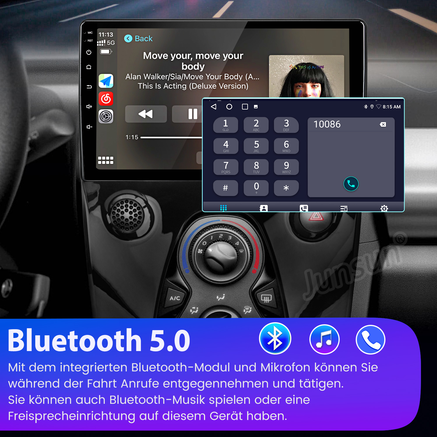 Autoradio-Bildschirm mit Musik und Telefonwählgerät. Bluetooth 5.0 Logo unten mit Symbolen.