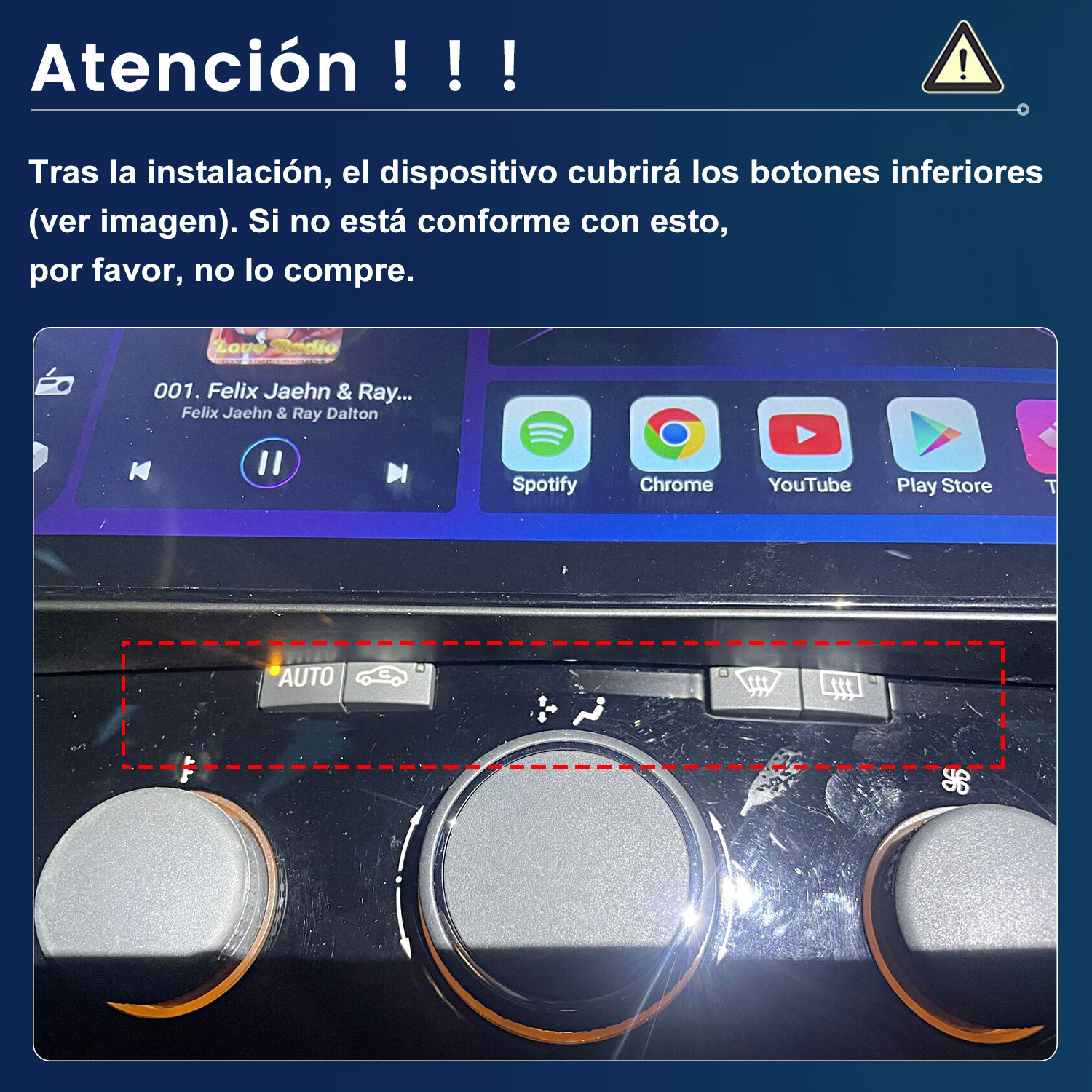 Panel de control del coche con pantalla, música e iconos de aplicaciones. Debajo, botones y perillas físicas.