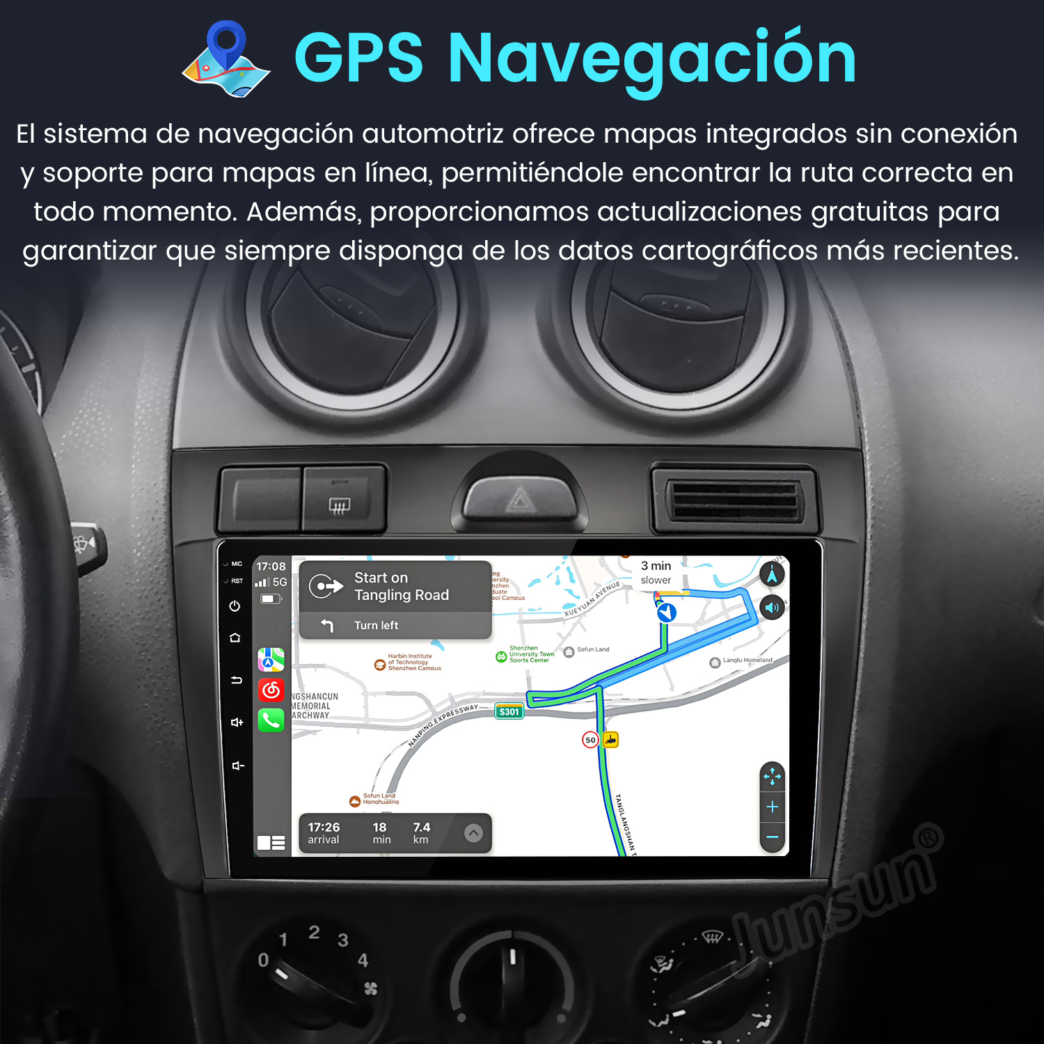 Panel del coche mostrando una pantalla de navegación GPS con mapa y direcciones.