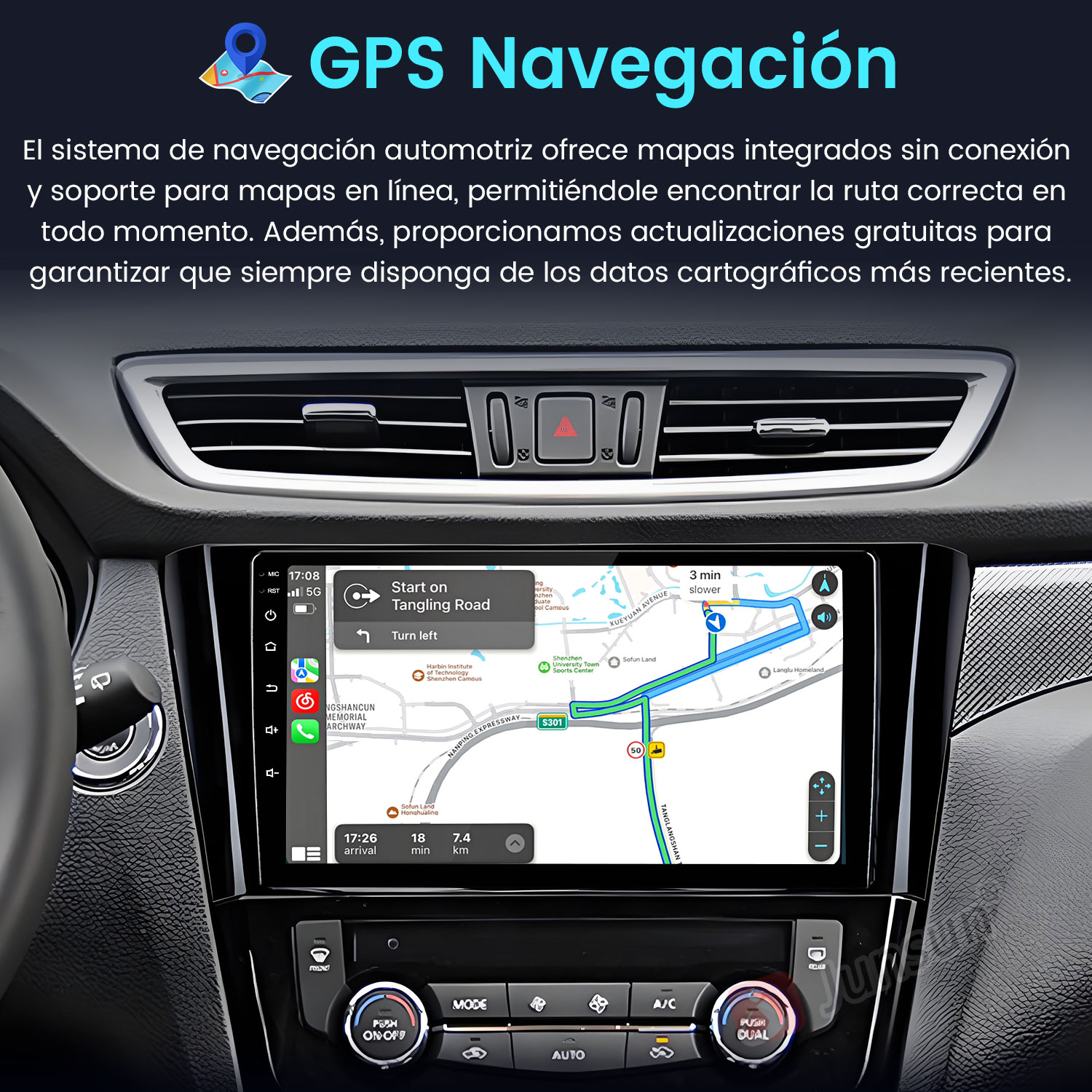 Panel del coche mostrando navegación GPS. La pantalla muestra un mapa con indicaciones y un icono de coche.