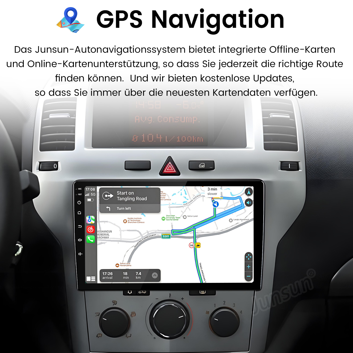 La pantalla de navegación del coche muestra un mapa y guía de ruta. La pantalla está en el salpicadero del coche.
