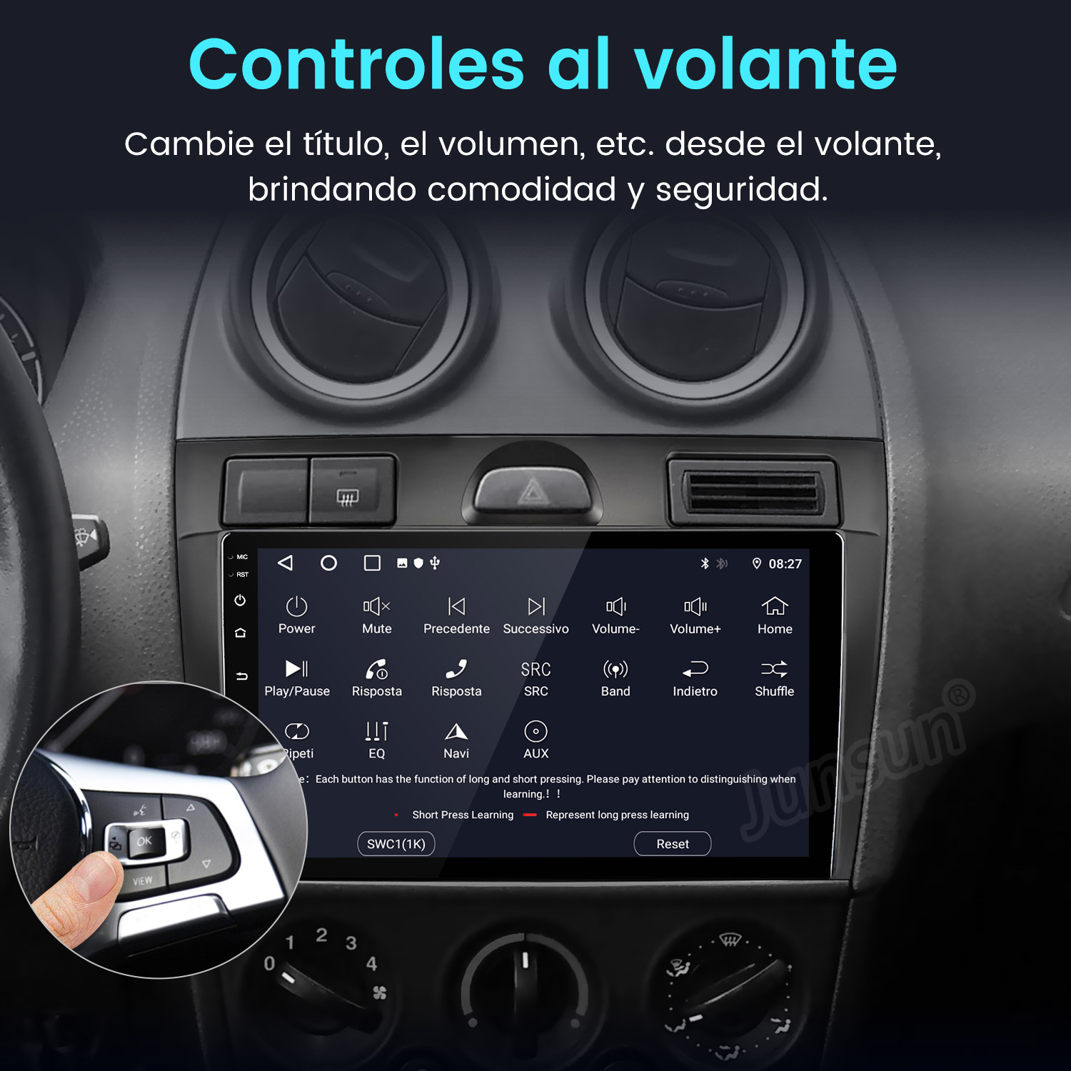 Salpicadero de coche con interfaz de sistema multimedia, botones y una mano pulsando un botón en el volante.
