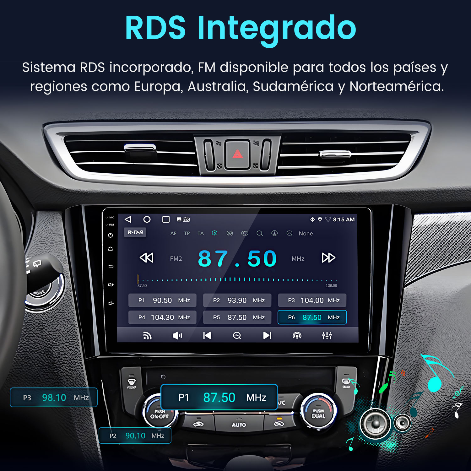Pantalla de radio de coche mostrando frecuencia FM 87.50 MHz, con botones preestablecidos y logo RDS. Tablero y controles del coche visibles.