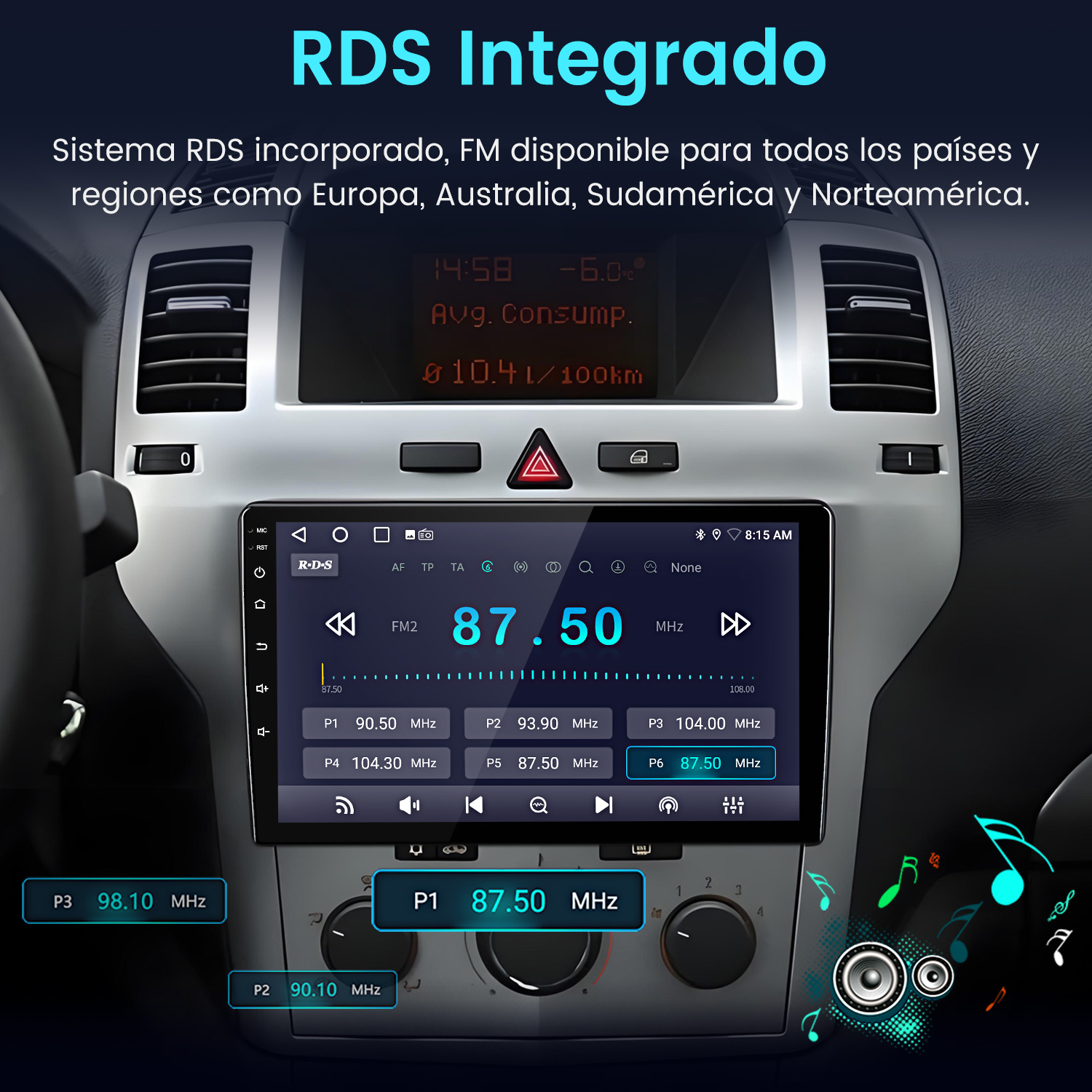Pantalla de radio del coche mostrando la frecuencia FM 87.50 MHz. La pantalla muestra la hora, la temperatura y el consumo de combustible.