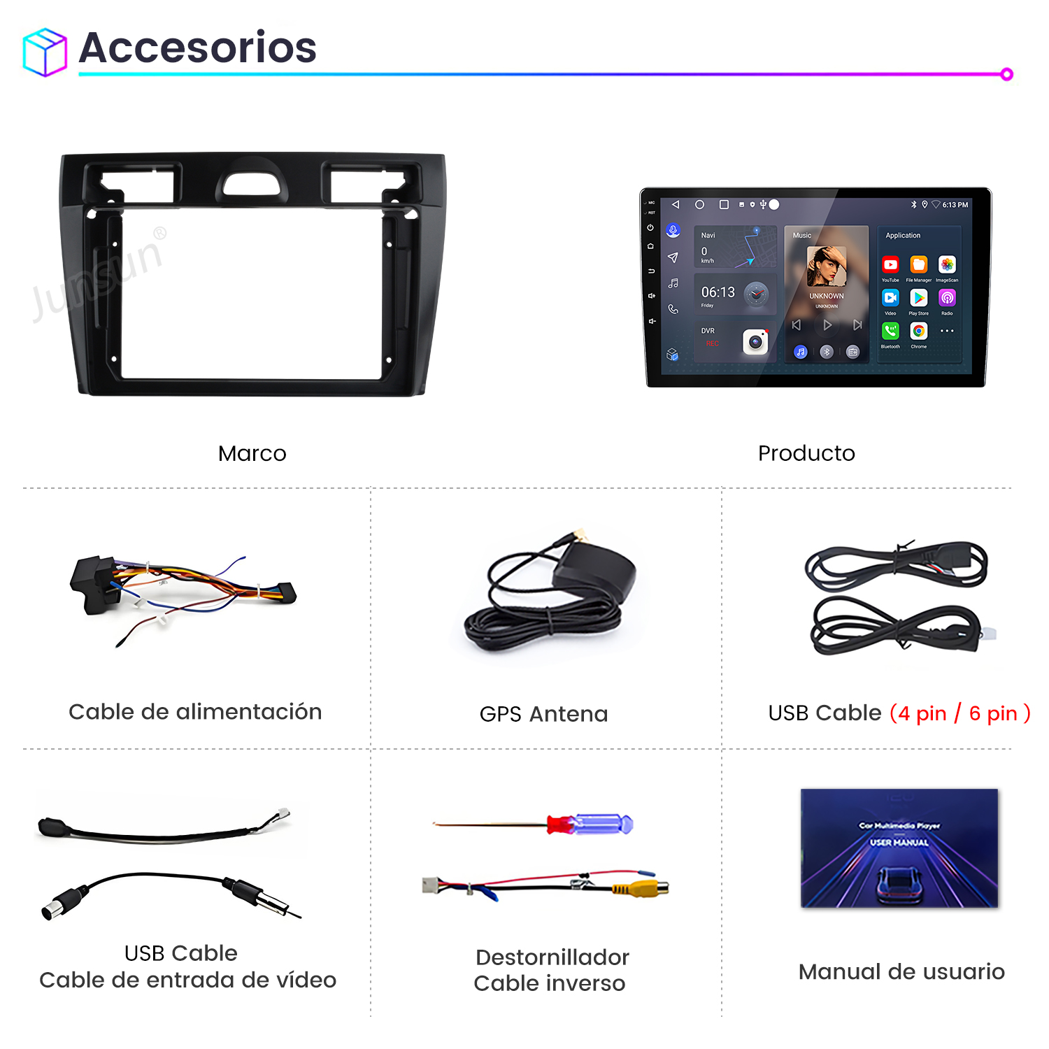 La imagen muestra accesorios para automóviles: un marco, una pantalla, cables, una antena GPS, un destornillador y un manual de usuario.