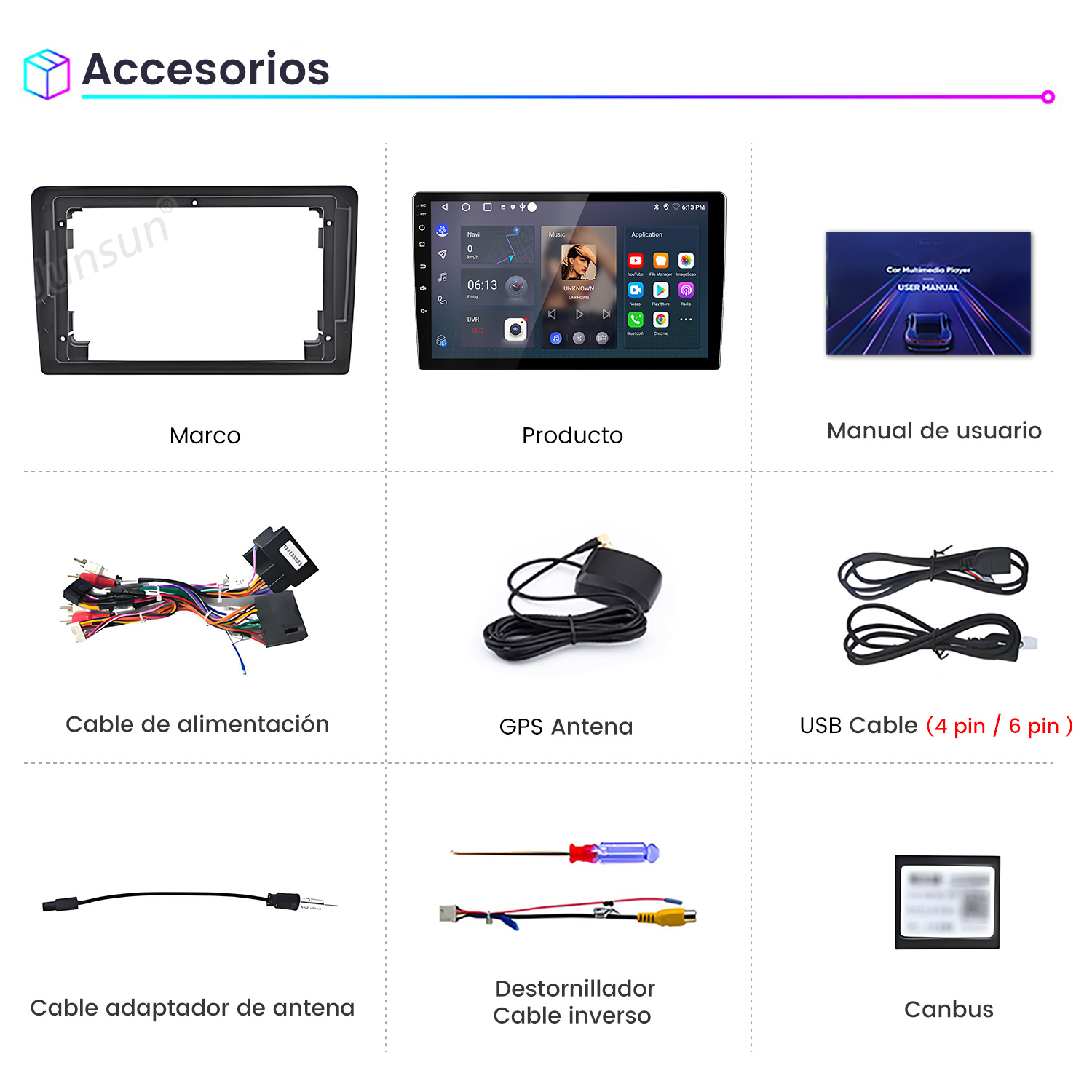 La imagen muestra accesorios para automóviles: un marco, una pantalla de producto, un manual de usuario, cable de alimentación, antena GPS, cable USB, cable de antena, destornillador y Canbus.
