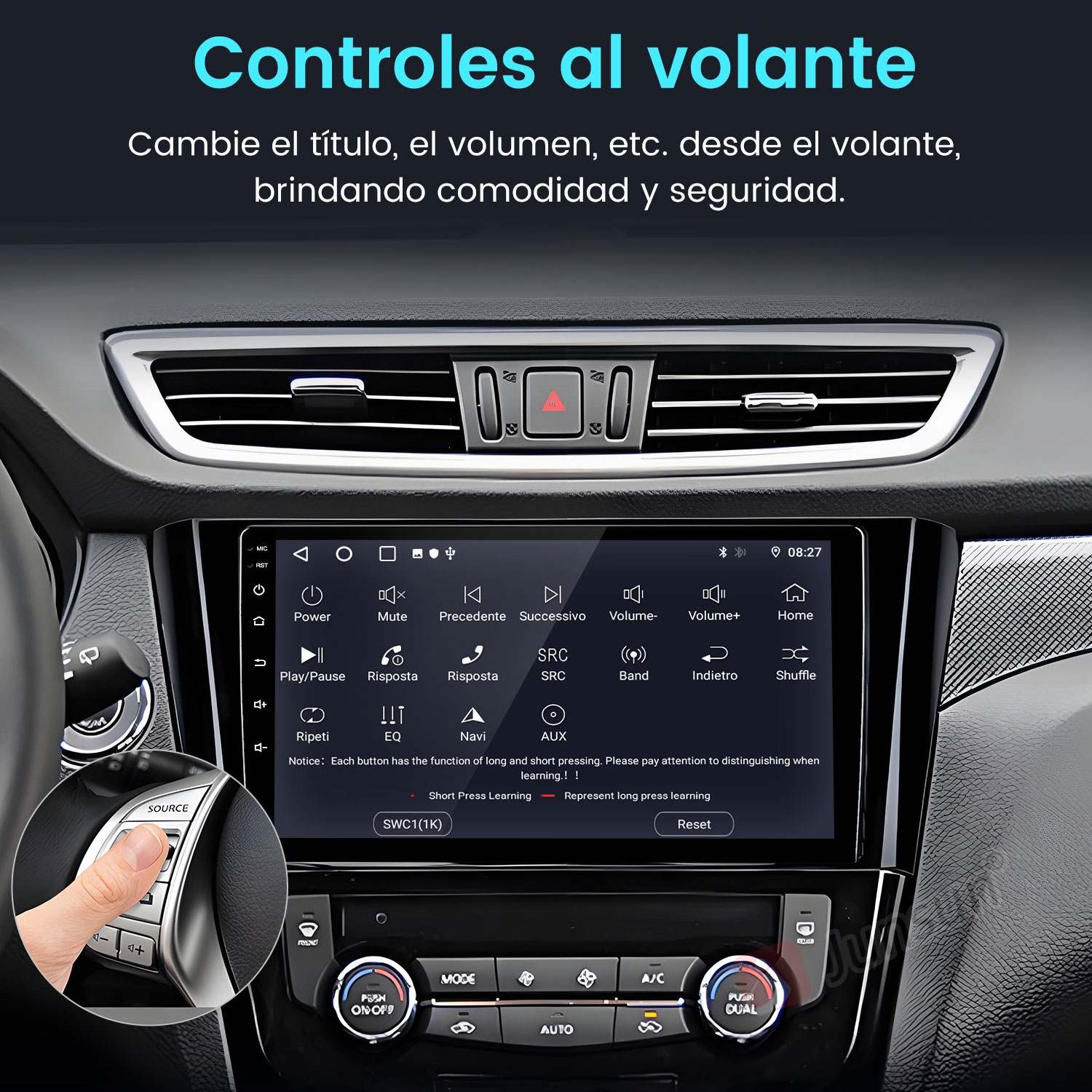 Panel del coche con pantalla multimedia, botones de control, volante con volumen y rejillas de ventilación.