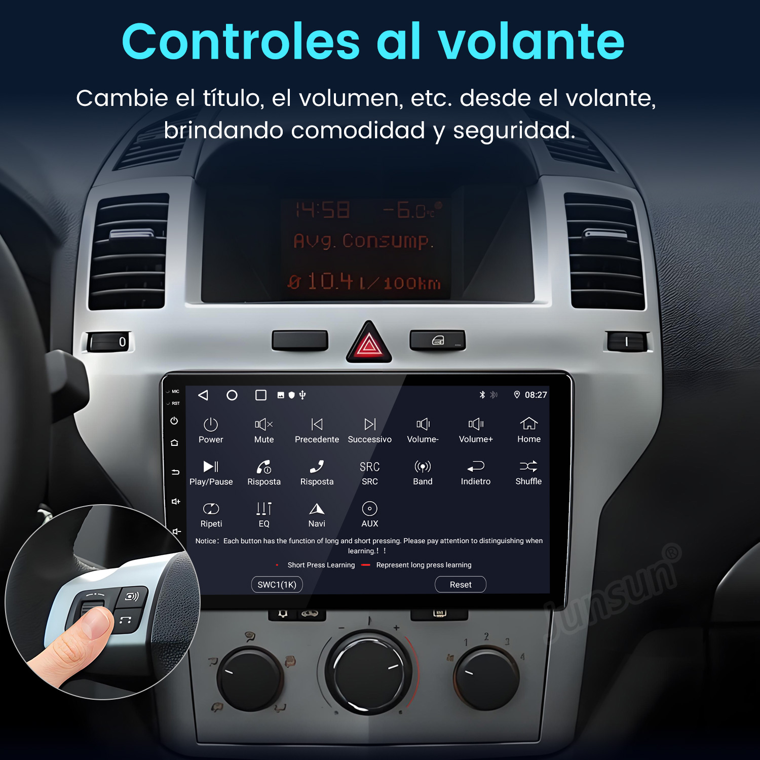 Panel del coche con pantalla digital y controles del volante. Un dedo pulsa un botón en el volante.