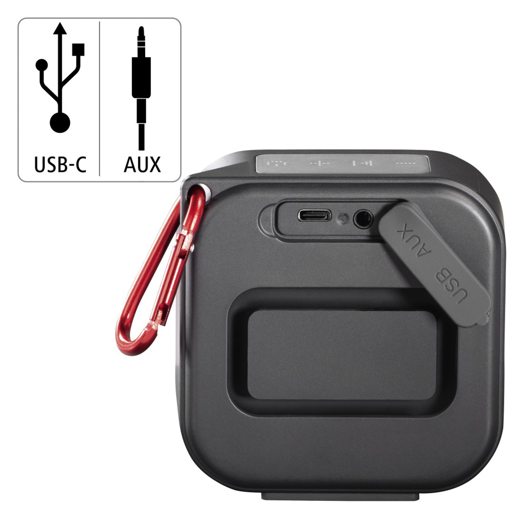 Altoparlante grigio scuro con moschettone rosso. Porte USB-C e AUX visibili. Sfondo bianco.