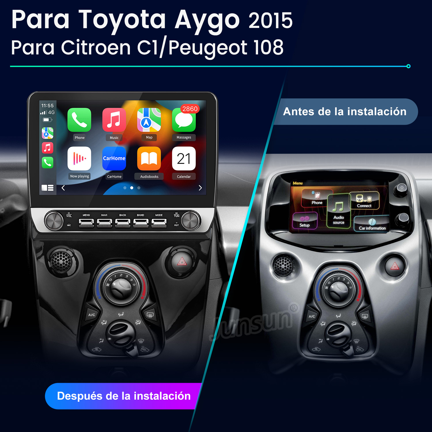 Panel del coche mostrando antes y después de la instalación de un nuevo sistema de infoentretenimiento.