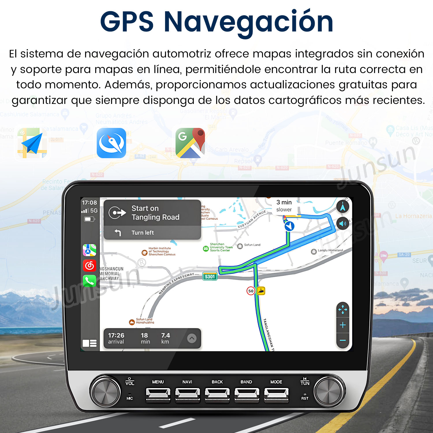 Pantalla del sistema de navegación del coche mostrando mapa con guía de ruta. Incluye nombres de calles y tiempo estimado.