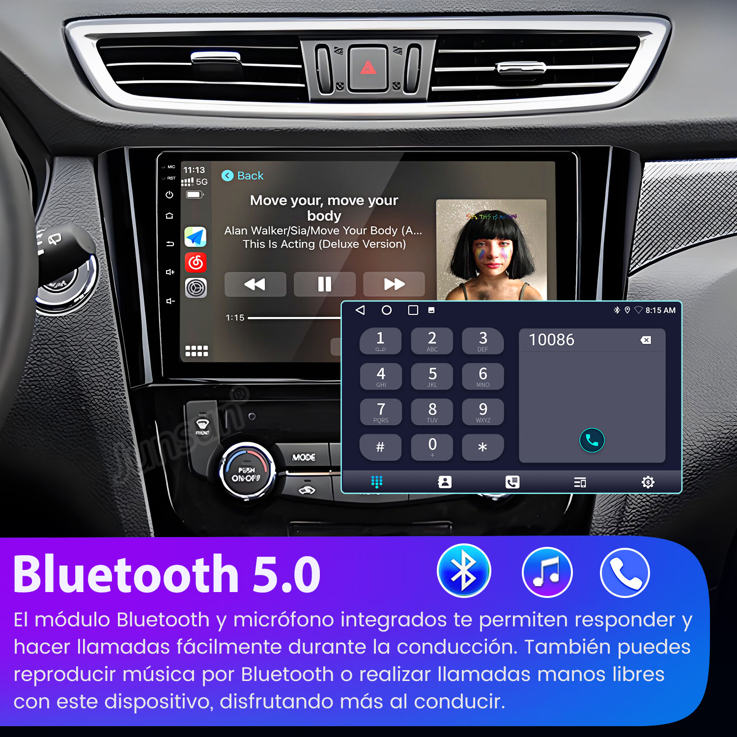 Panel del coche con interfaz de reproductor de música y marcador. La pantalla muestra información de la canción y un número de teléfono.