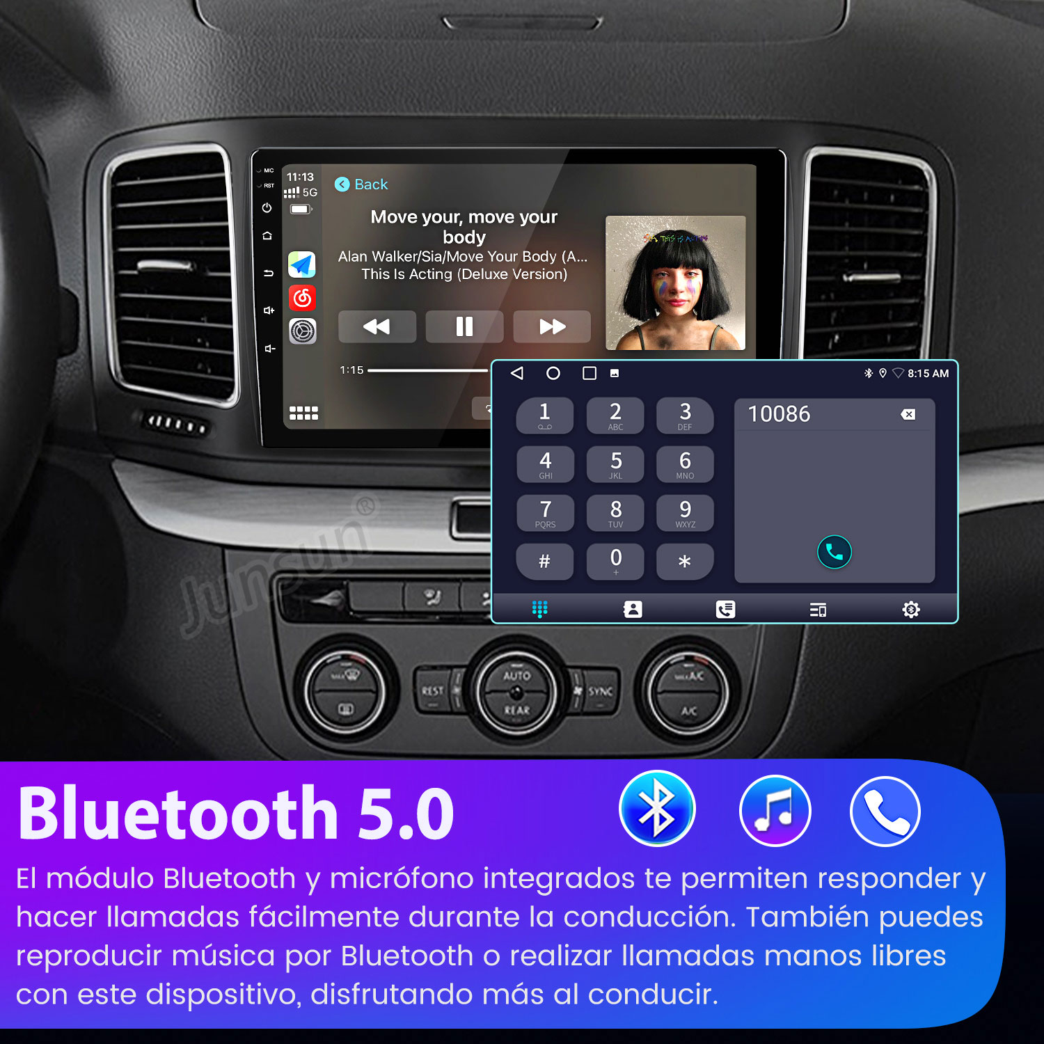 Panel de control del coche que muestra un reproductor de música, un teclado numérico de teléfono e información de Bluetooth 5.0. La pantalla muestra música y una interfaz telefónica.