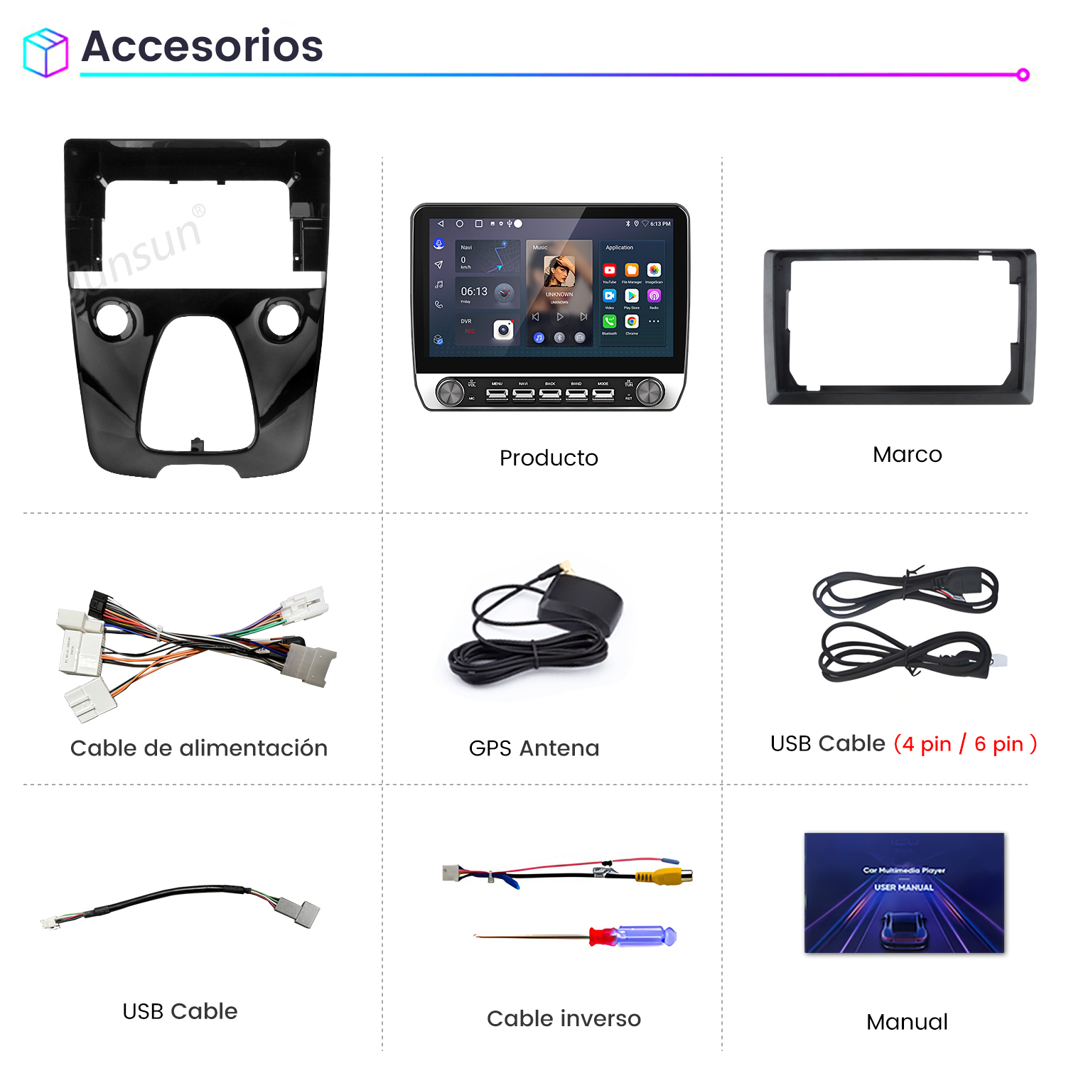 La imagen muestra accesorios para automóviles: un marco negro, un reproductor multimedia, cables, antena GPS, un manual y herramientas, todo sobre fondo blanco.