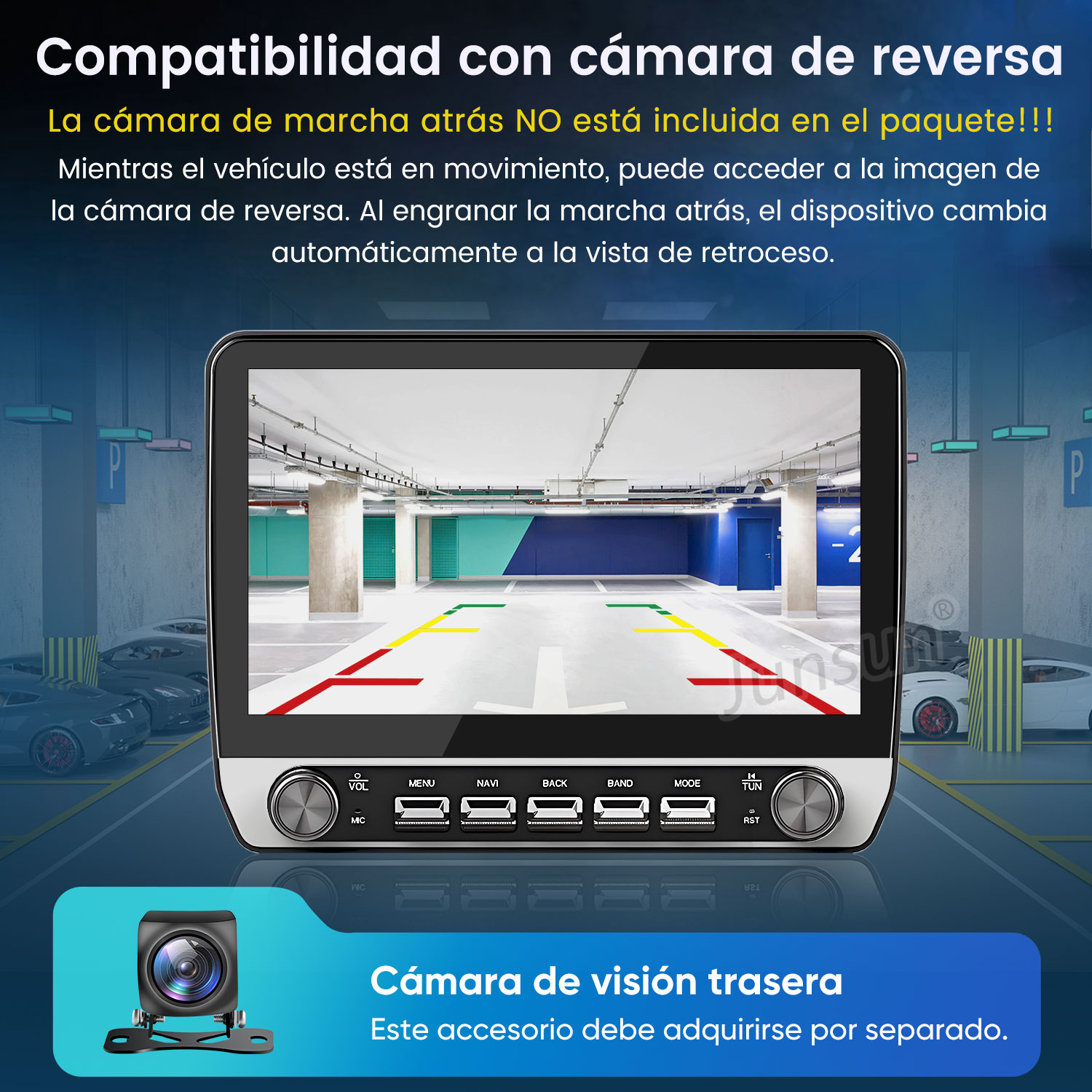 Pantalla de coche mostrando vista de garaje. Cámara abajo. Texto explica la compatibilidad con cámara de marcha atrás.