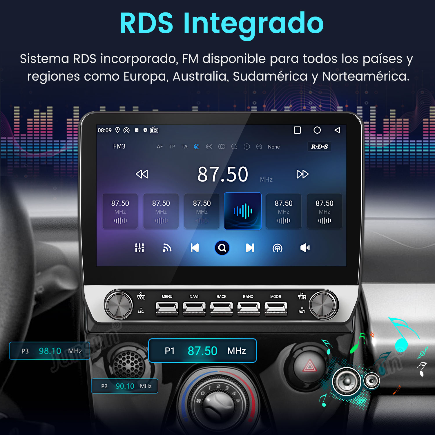 Pantalla de radio de coche que muestra la frecuencia FM 87,50 MHz. Los botones y controles son visibles debajo de la pantalla.