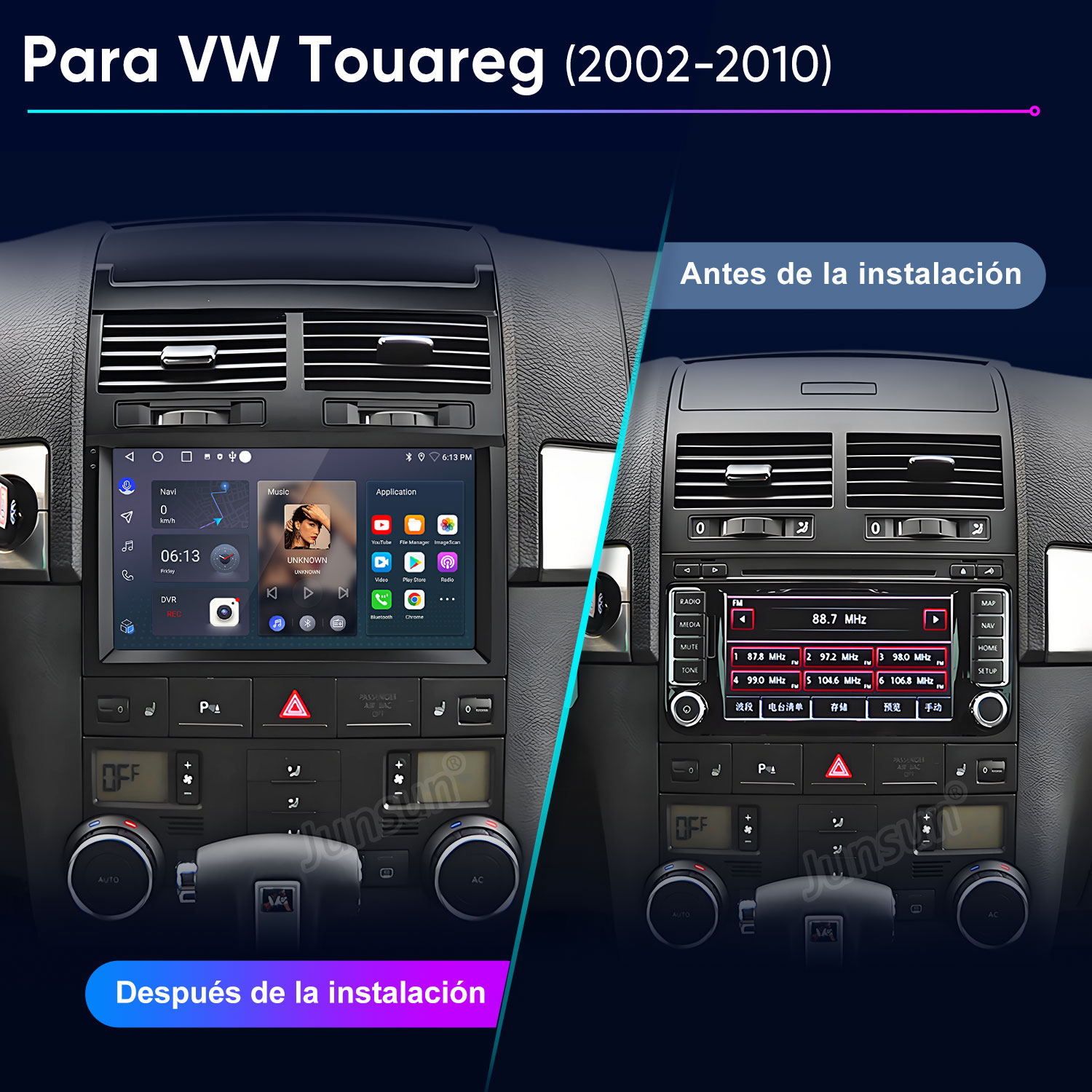 Comparación del salpicadero del coche antes y después de instalar una nueva pantalla. Muestra pantallas de radio y aplicaciones.