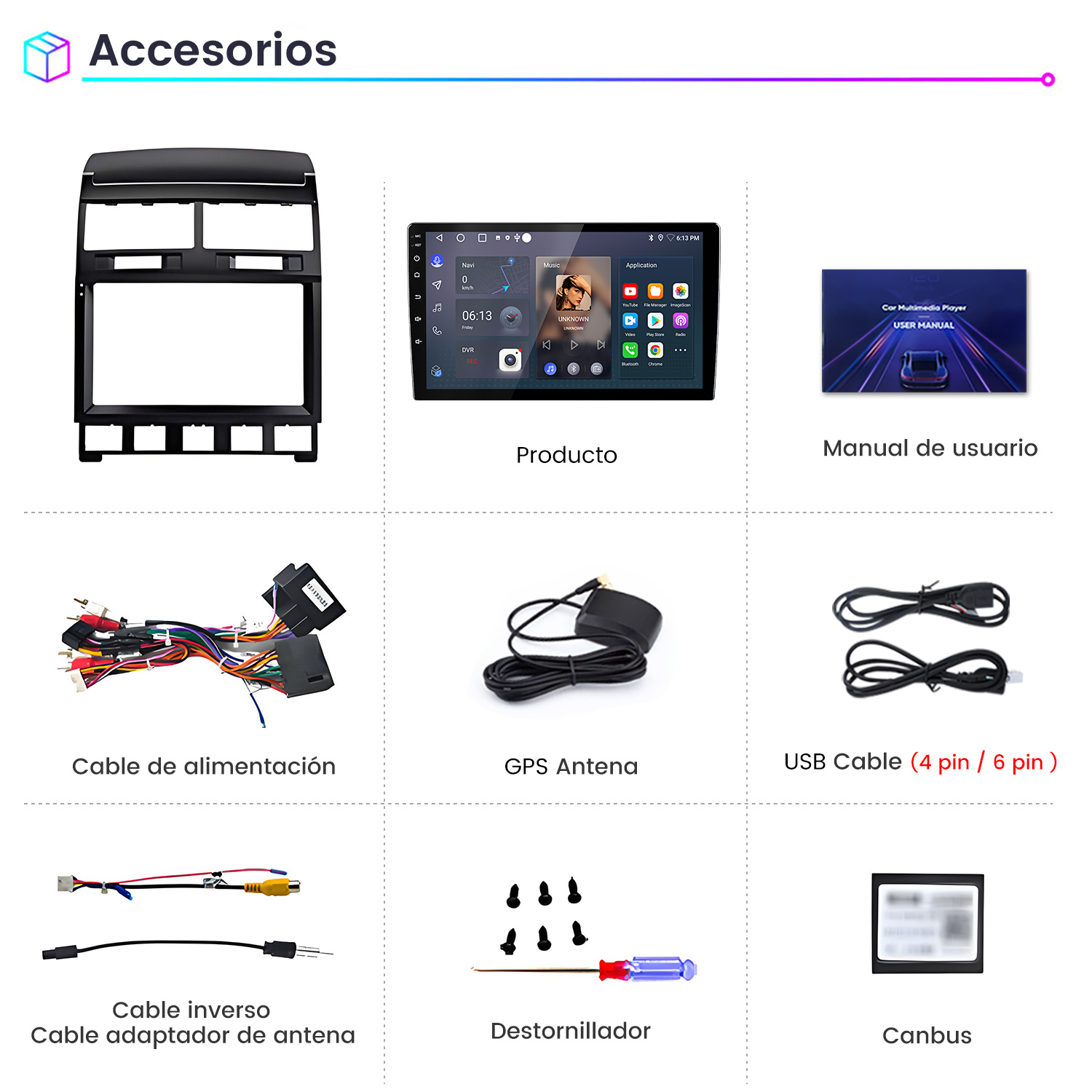 La imagen muestra accesorios para automóviles, incluyendo un marco del tablero, una pantalla con aplicaciones, cables y un destornillador. Los elementos están etiquetados.