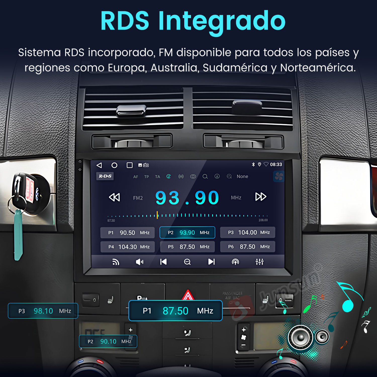 Autorradio con RDS, mostrando la frecuencia de radio FM 93.90 MHz. Texto en español, botones y una llave son visibles.