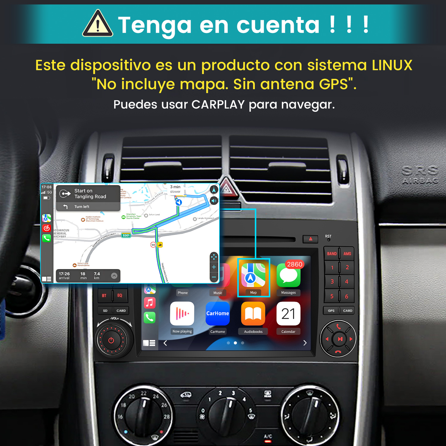 Panel del coche mostrando pantalla de navegación, menú de aplicaciones y botones de control.