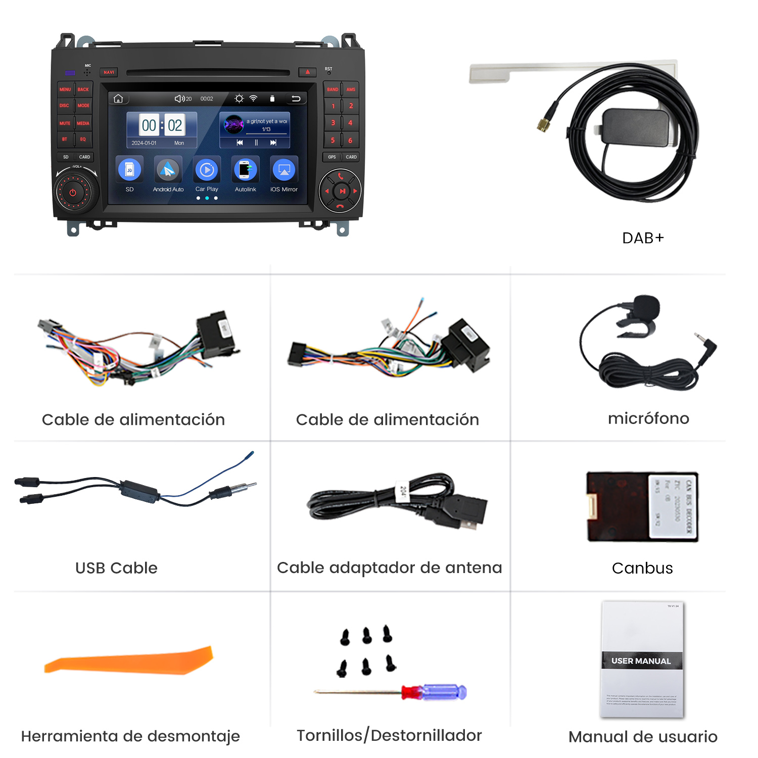 Radio de coche, cables, micrófono, cable USB, adaptador de antena, Canbus, manual del usuario, herramienta, tornillos y destornillador.