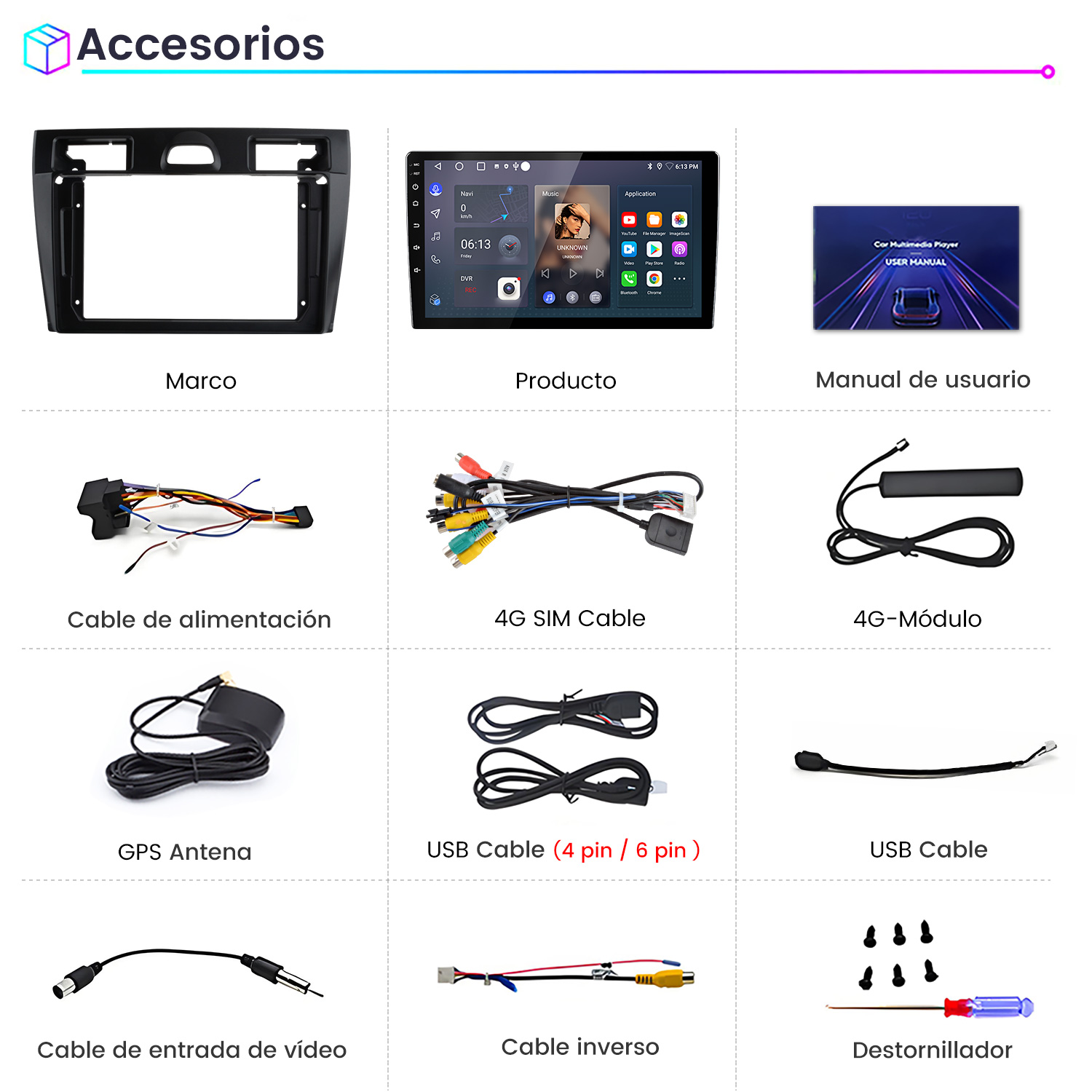 La imagen muestra accesorios para automóviles: marco, pantalla, cables, antenas y destornillador. Varios cables y un reproductor multimedia para automóvil.