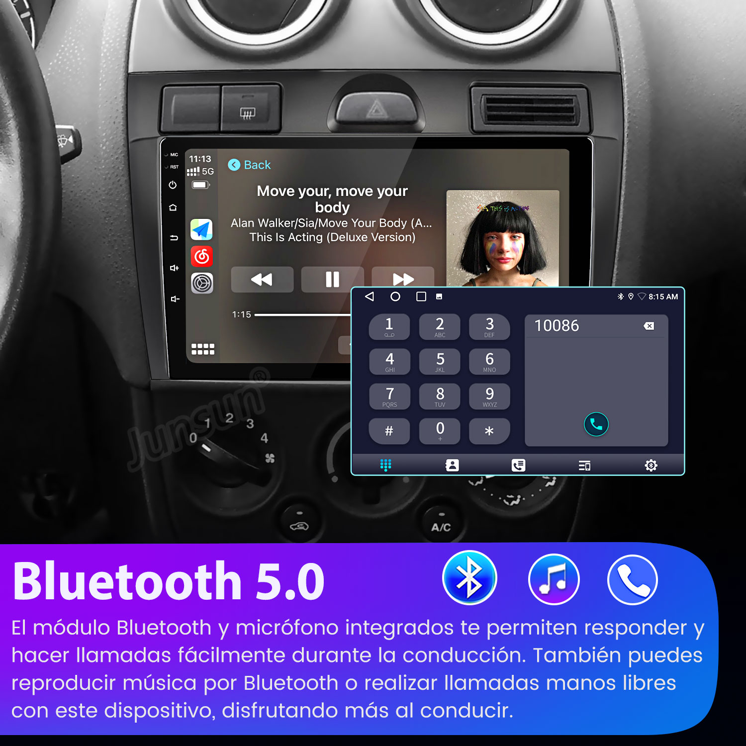 Pantalla de estéreo de coche mostrando música y marcador telefónico. Logotipo Bluetooth 5.0 abajo.