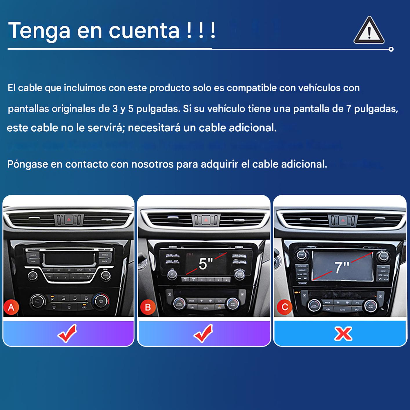 Imagen muestra pantallas de tablero de coche. Texto indica compatibilidad con pantallas de 3" y 5", no 7". Marcas de verificación indican ajuste correcto.