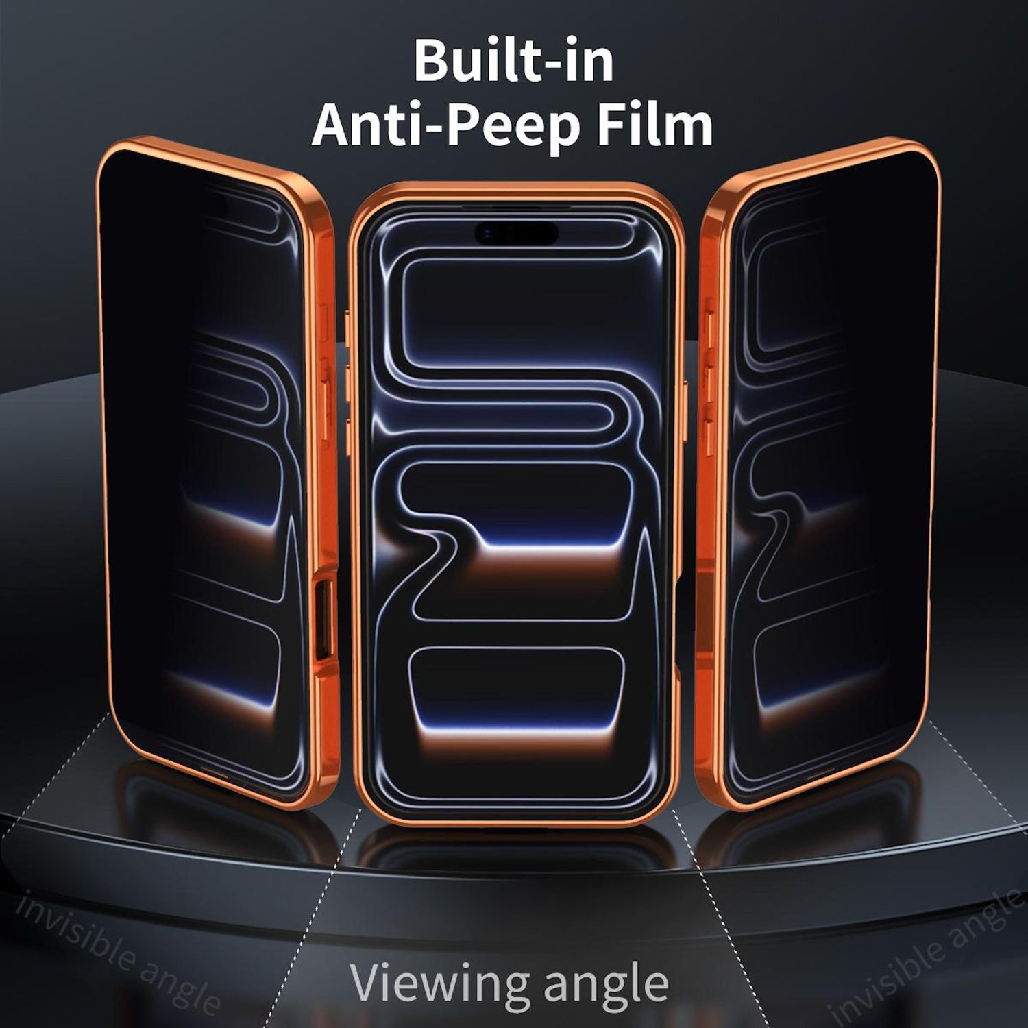 Drei orangefarbene Handyhüllen mit schwarzen Bildschirmen. Text: 'Built-in Anti-Peep Film' und 'Viewing angle'.