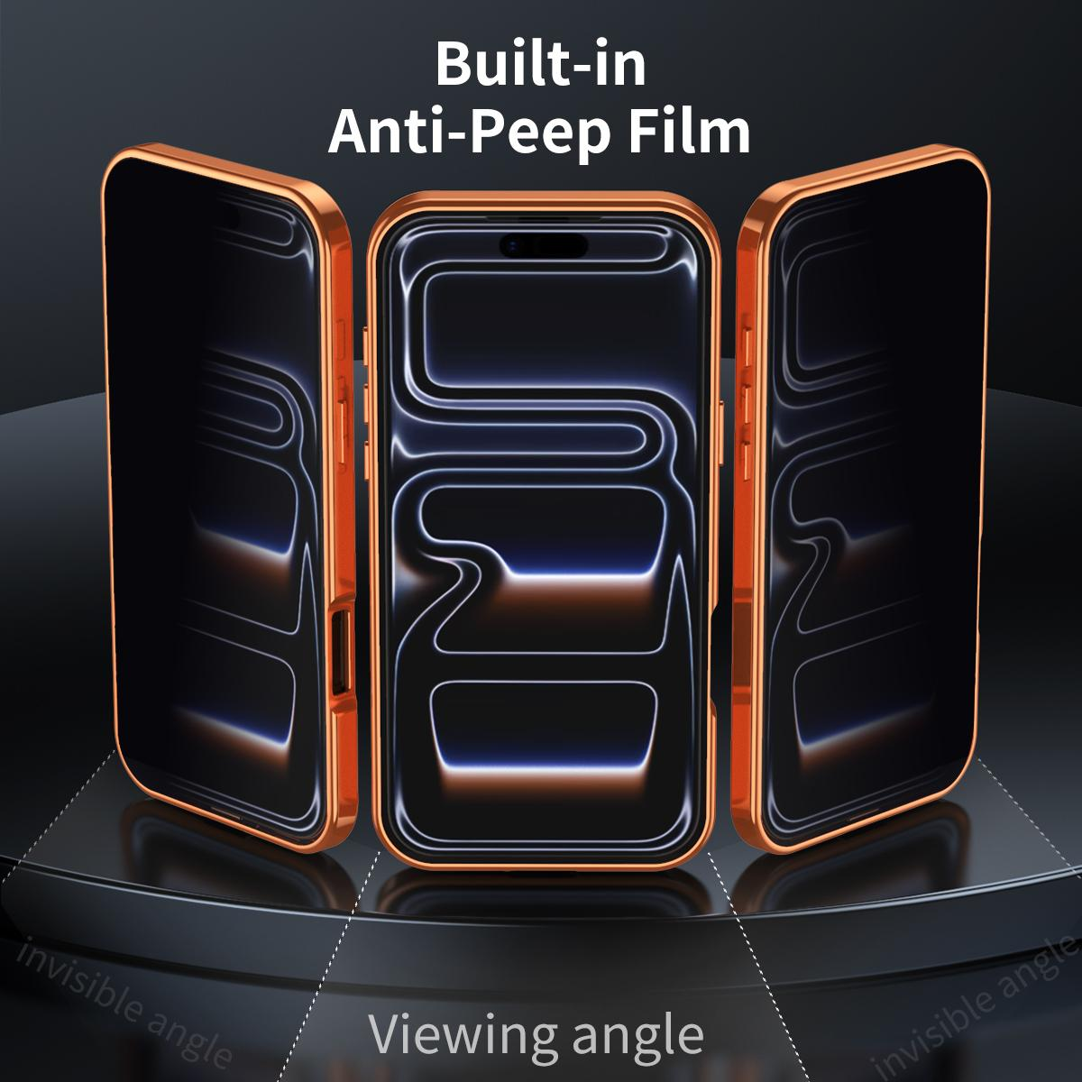 Drei orangefarbene Telefone mit dunklen Bildschirmen sind angeordnet. Der Text lautet 'Built-in Anti-Peep Film' und 'Viewing angle' wird angezeigt.