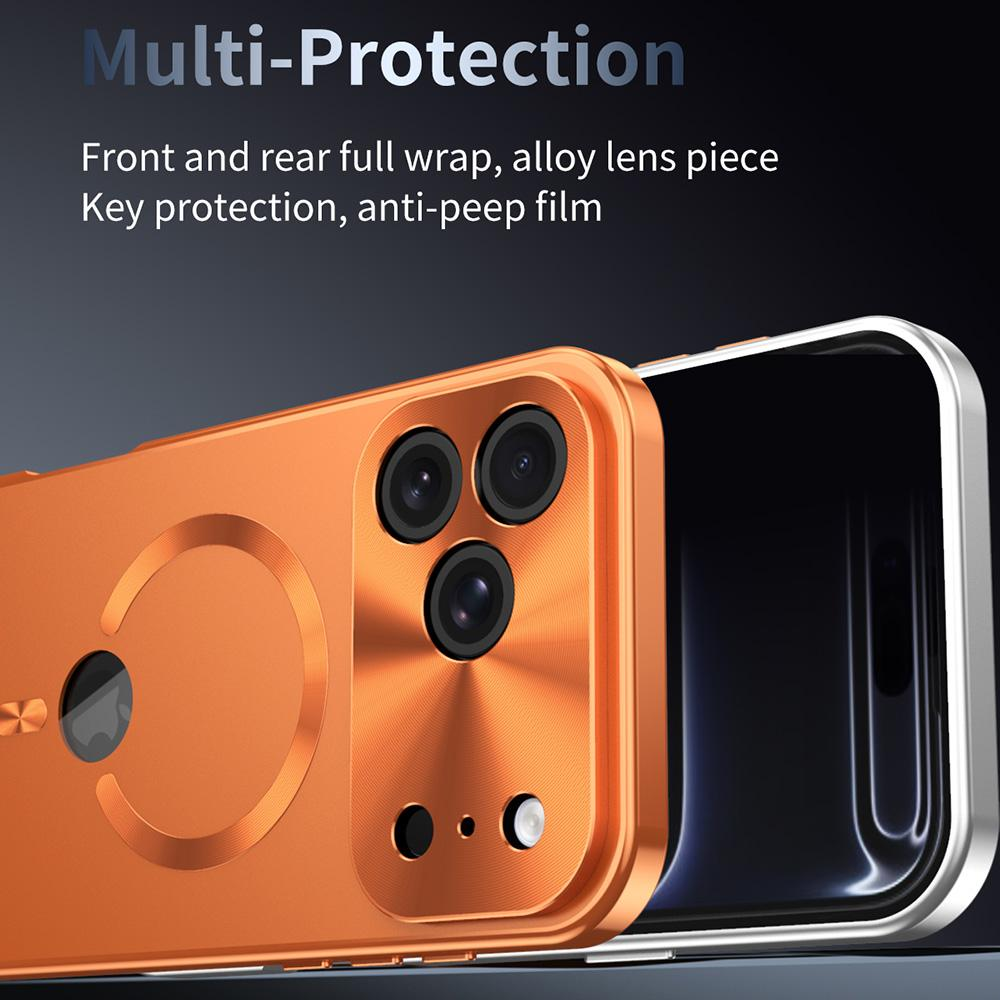 Gezeigt wird eine orangefarbene Handyhülle mit drei Kameralinsen. Die Hülle ist metallisch. Der Text "Multi-Protection" wird ebenfalls angezeigt.