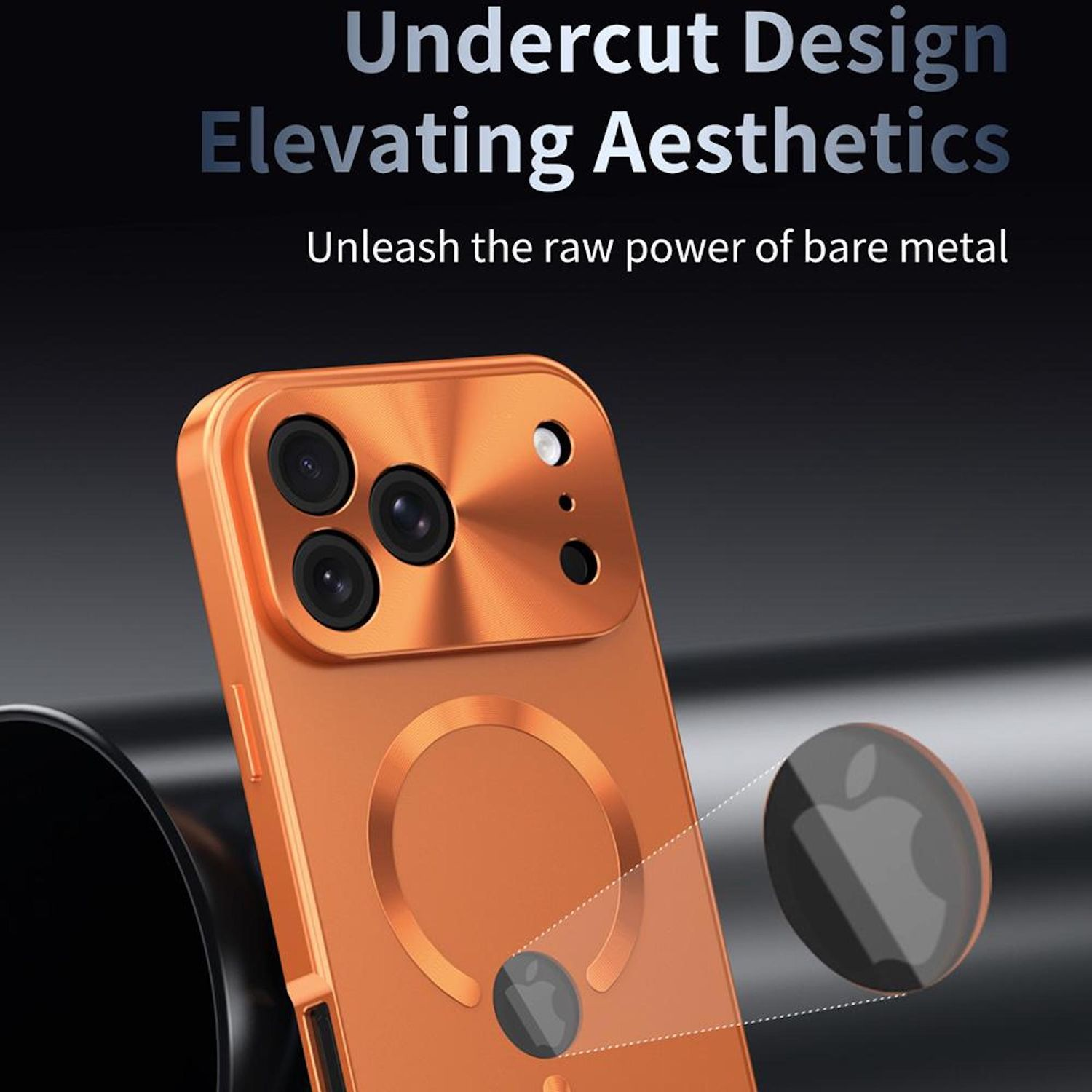 Eine orangefarbene Handyhülle mit Kameralinsen, ein schwarzes Apple-Logo auf dunklem Hintergrund. Text: 'Undercut Design Elevating Aesthetics'.